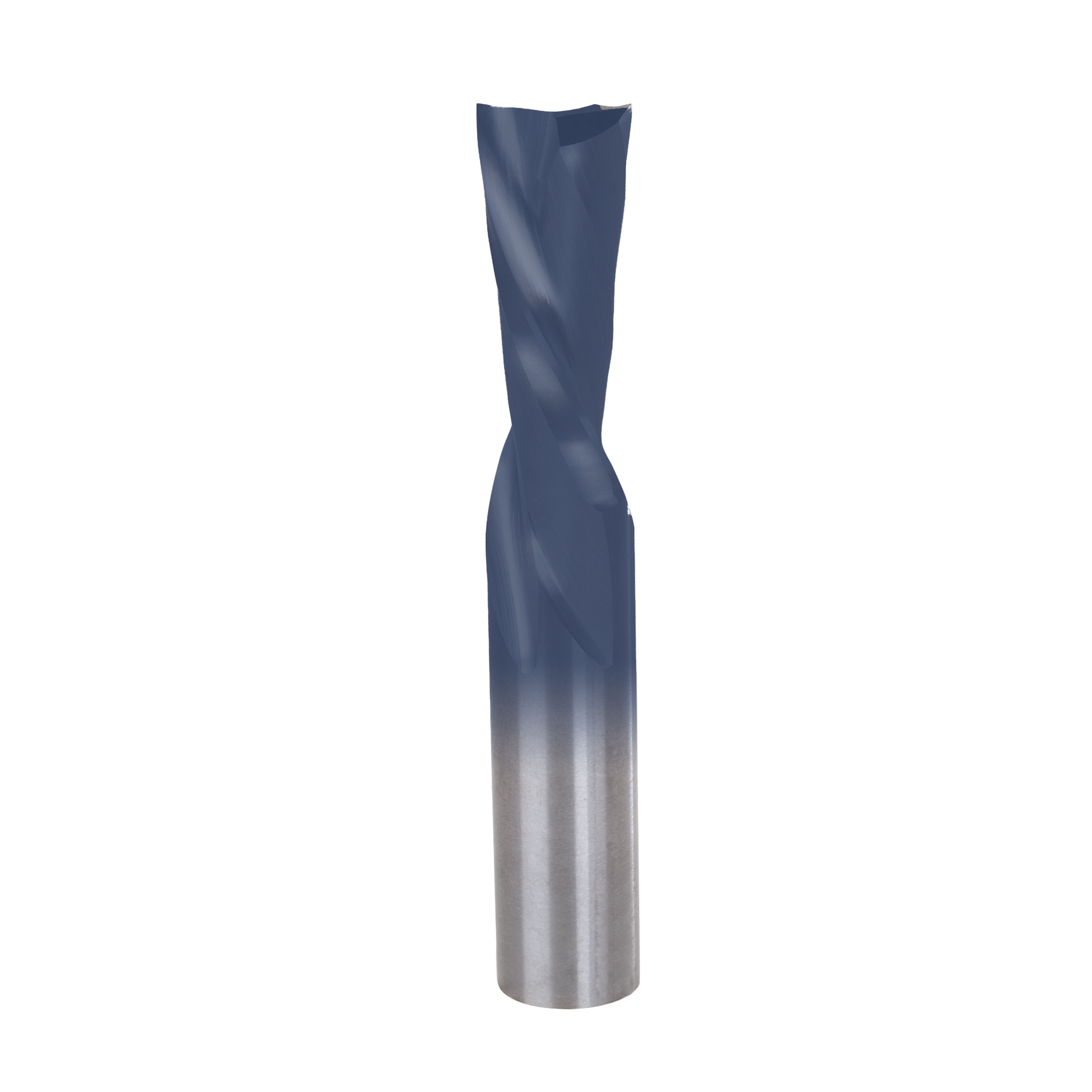 Blue and silver down spiral router bit with twisted flutes and cylindrical shank.