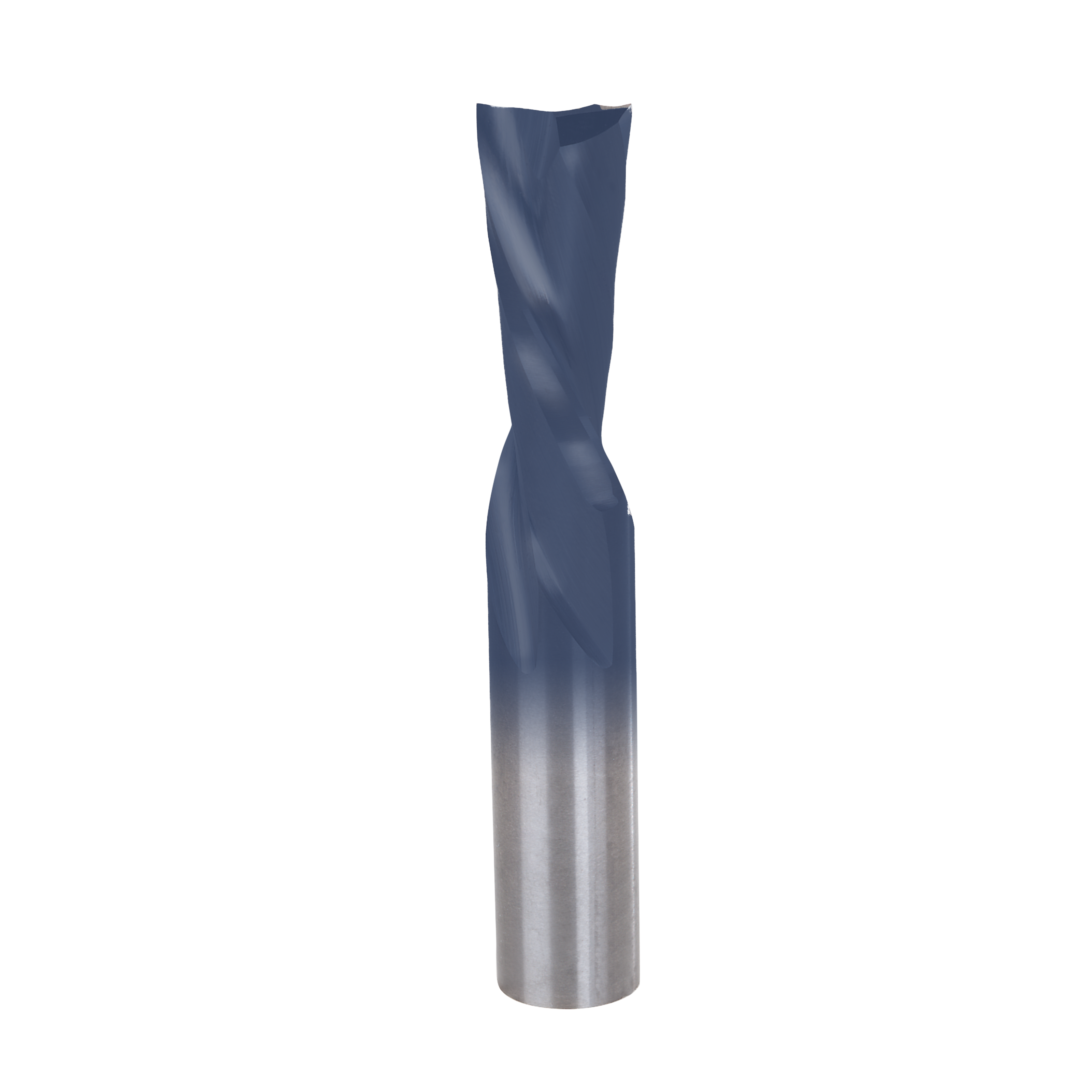 Blue and silver down spiral router bit with twisted flutes and cylindrical shank.