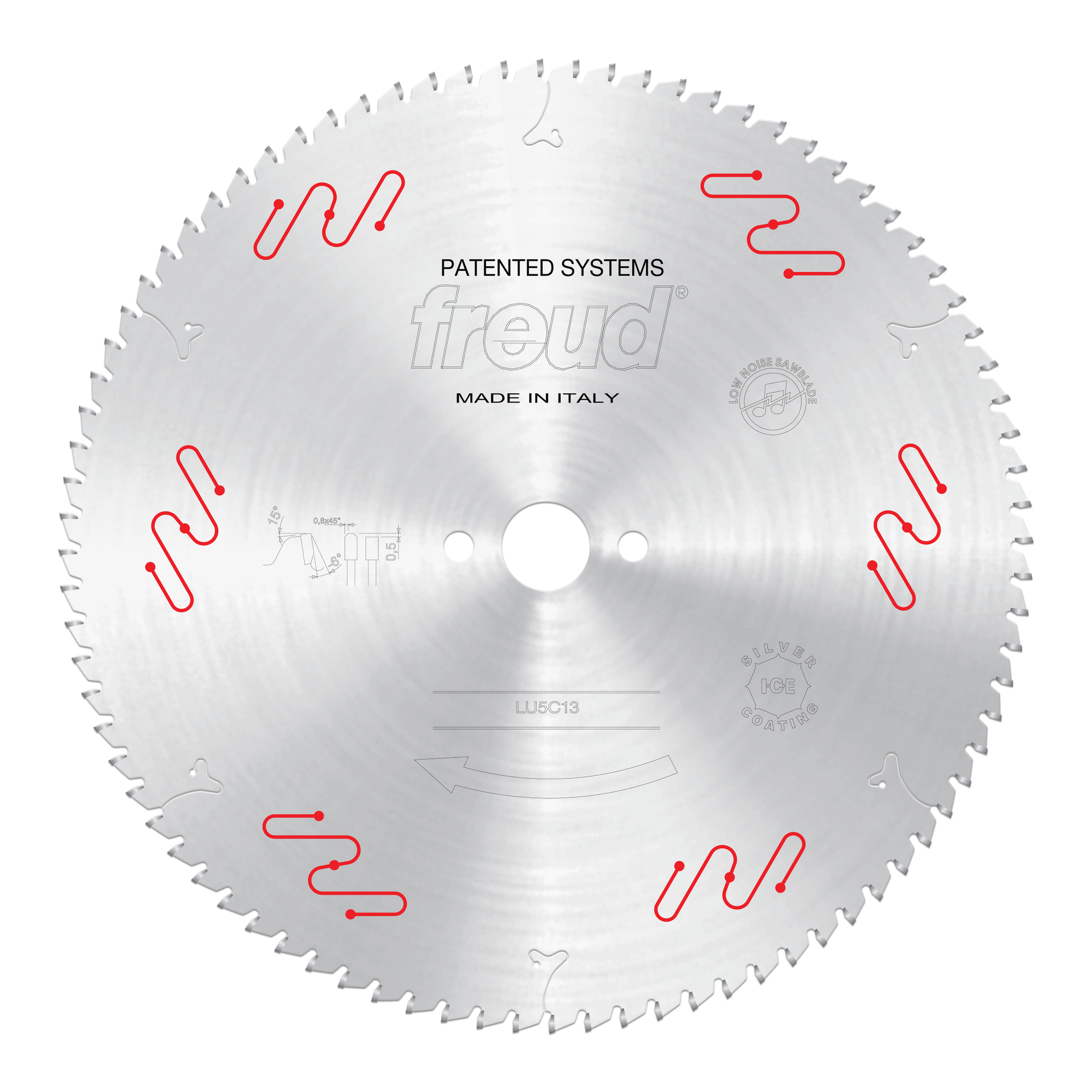 Freud LU5C13 350mm circular saw blade with carbide teeth and red clamping system indicators, made in Italy.