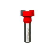 Red and gray mortising bit with square cutting head and cylindrical metal shank on white background.