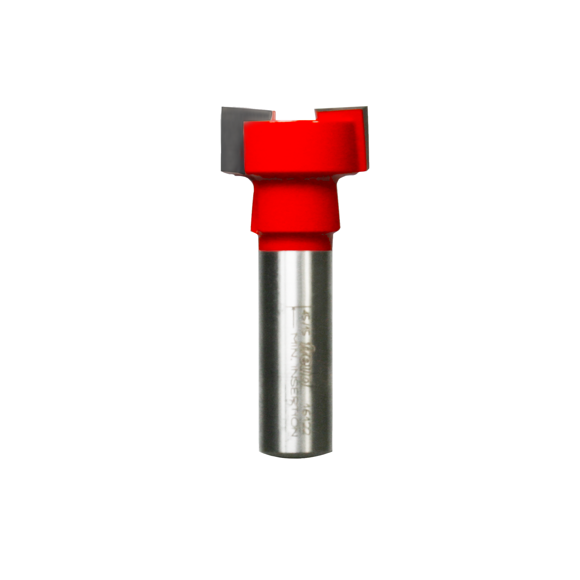 Red and gray mortising bit with square cutting head and cylindrical metal shank on white background.