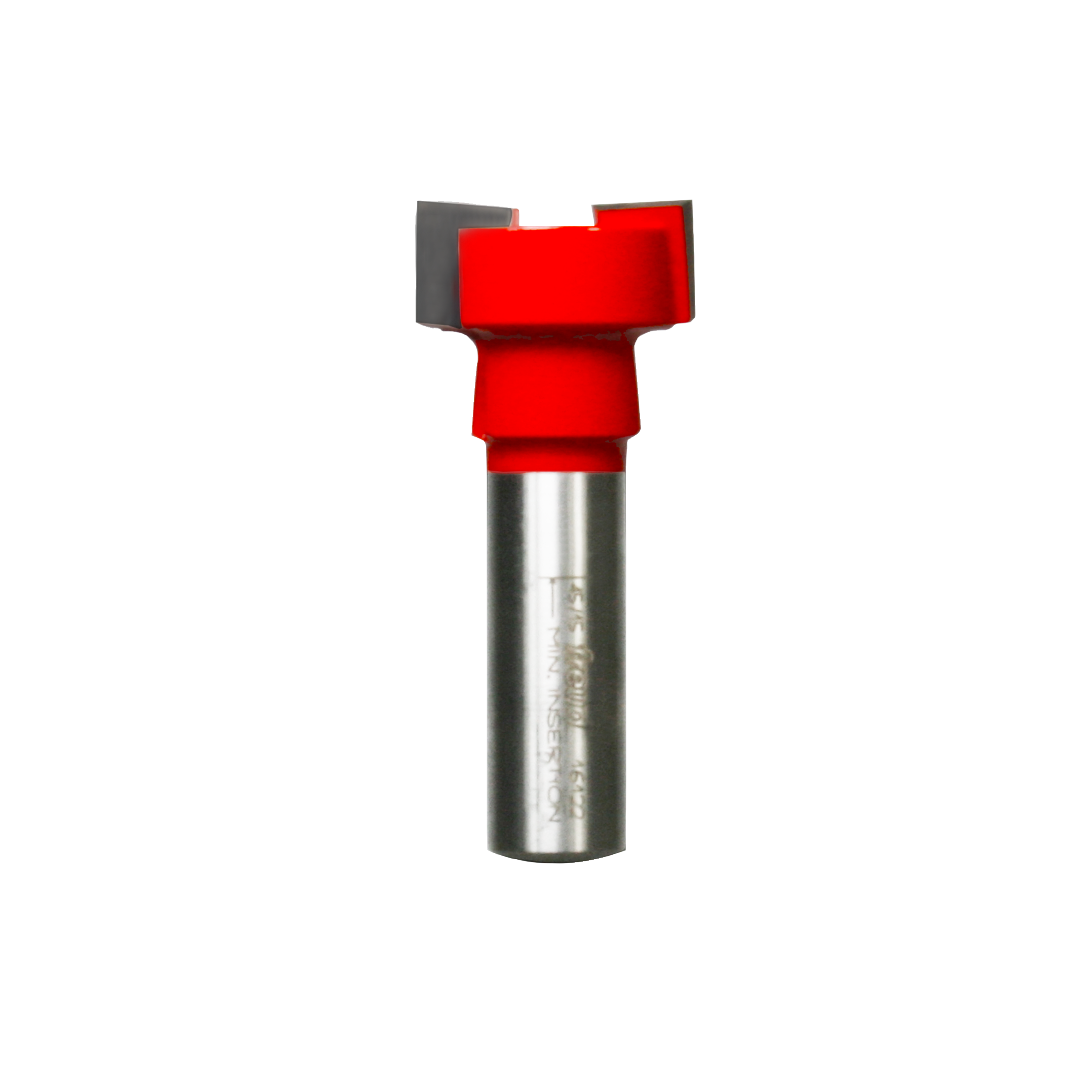 Red and gray mortising bit with square cutting head and cylindrical metal shank on white background.