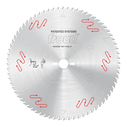 Circular saw blade with carbide-tipped teeth and red cooling slot markings around the perimeter.