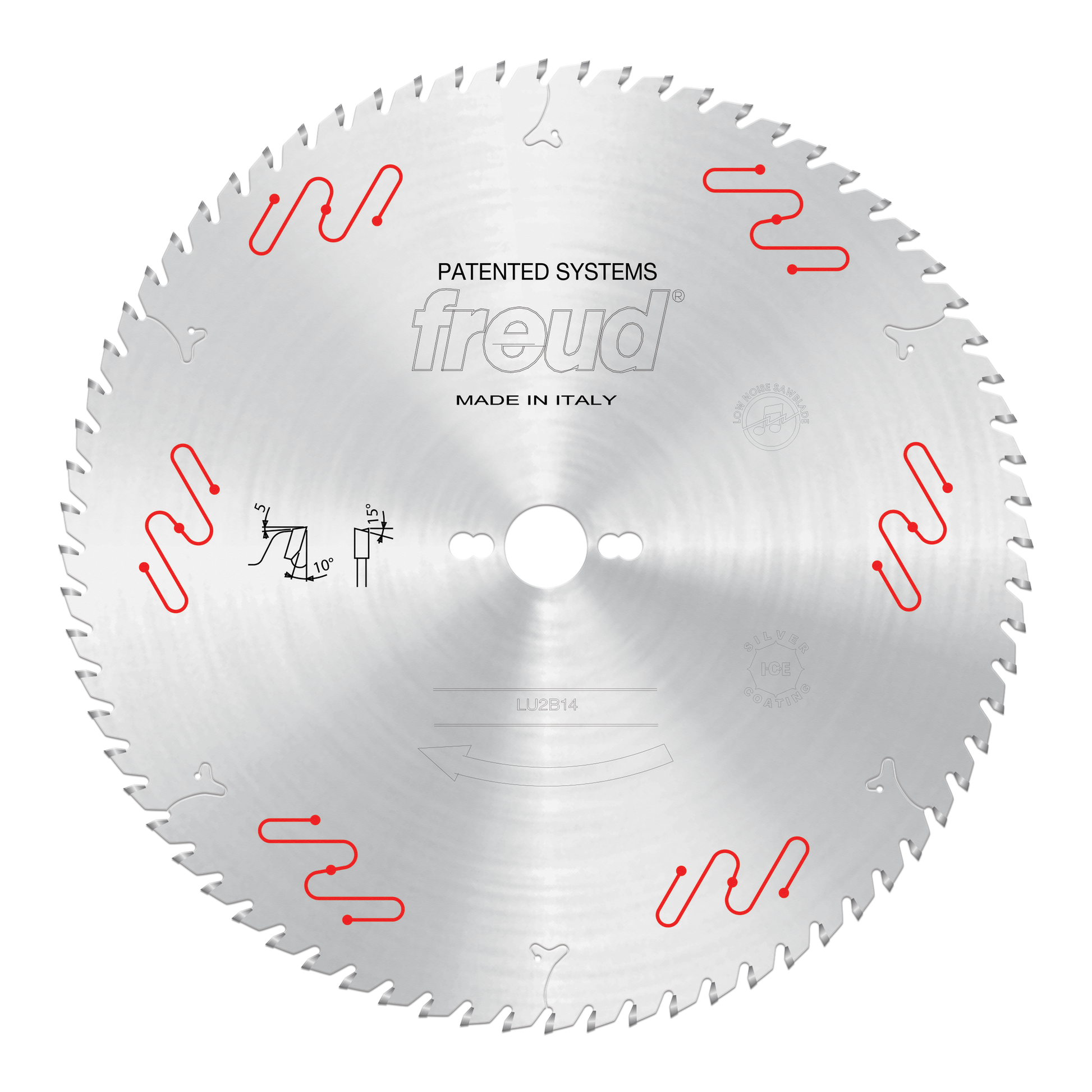 Circular saw blade with carbide-tipped teeth and red cooling slot markings around the perimeter.