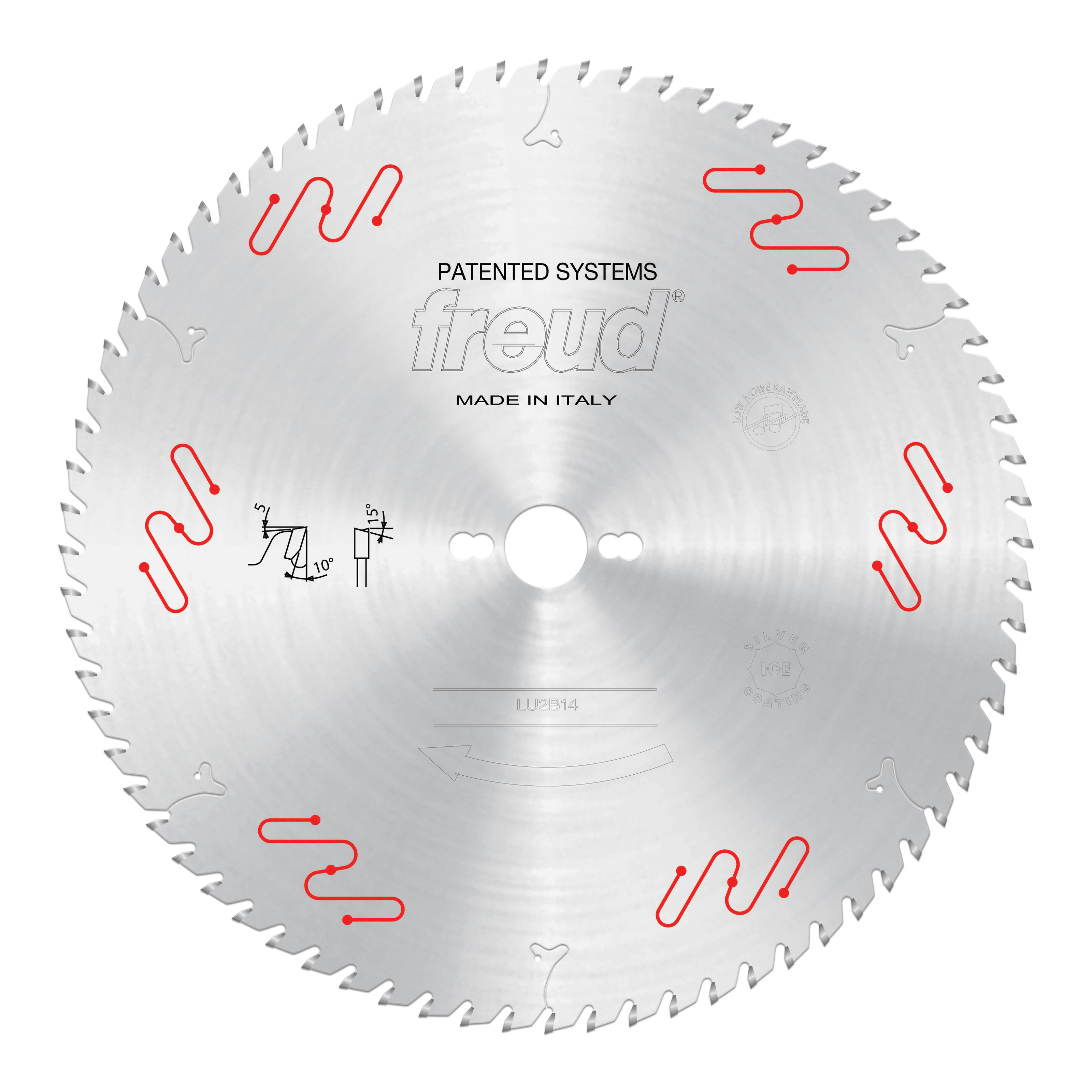 Circular saw blade with carbide-tipped teeth and red cooling slot markings around the perimeter.