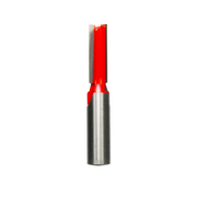 Red and silver double flute straight router bit with metal shank and cutting head.