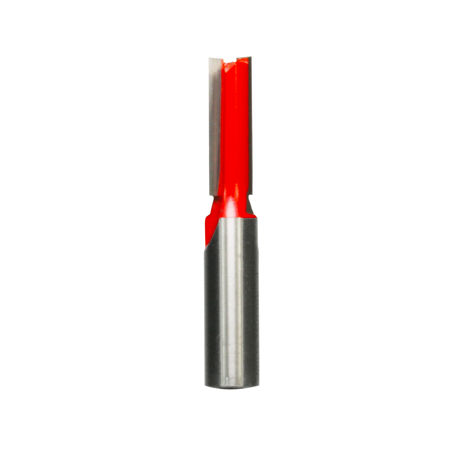 Red and silver double flute straight router bit with metal shank and cutting head.