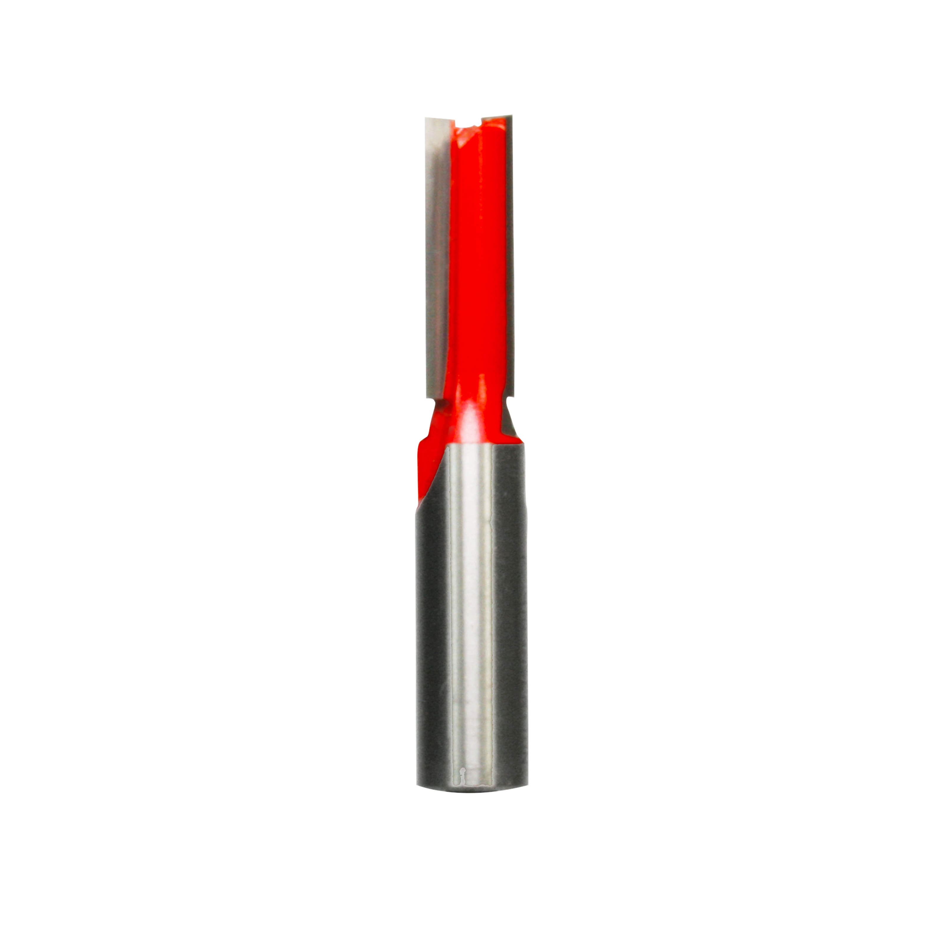 Red and silver double flute straight router bit with metal shank and cutting head.