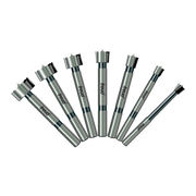 Seven Freud Forstner bits in graduated sizes with metal shanks and cutting heads arranged in a fan pattern.