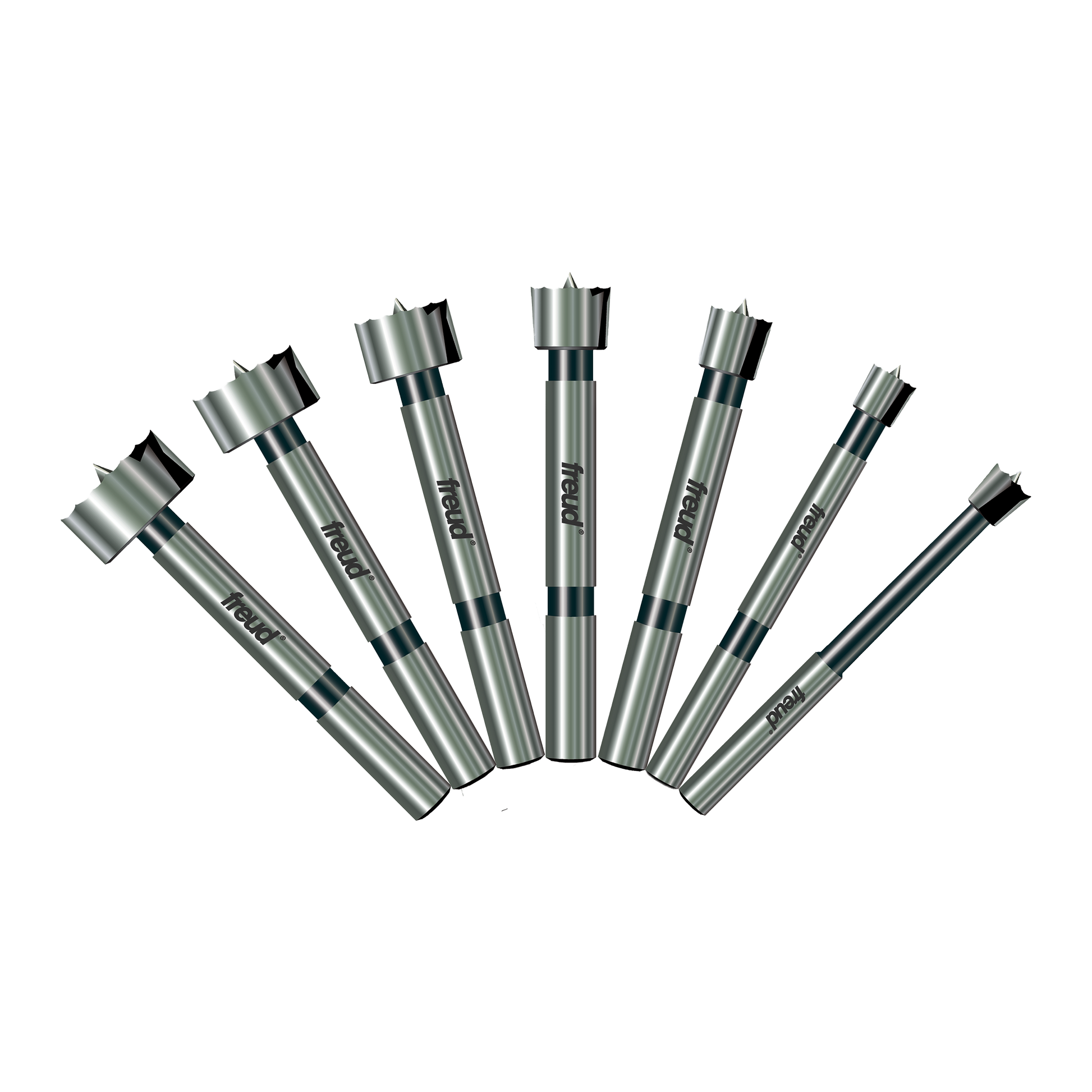 Seven Freud Forstner bits in graduated sizes with metal shanks and cutting heads arranged in a fan pattern.