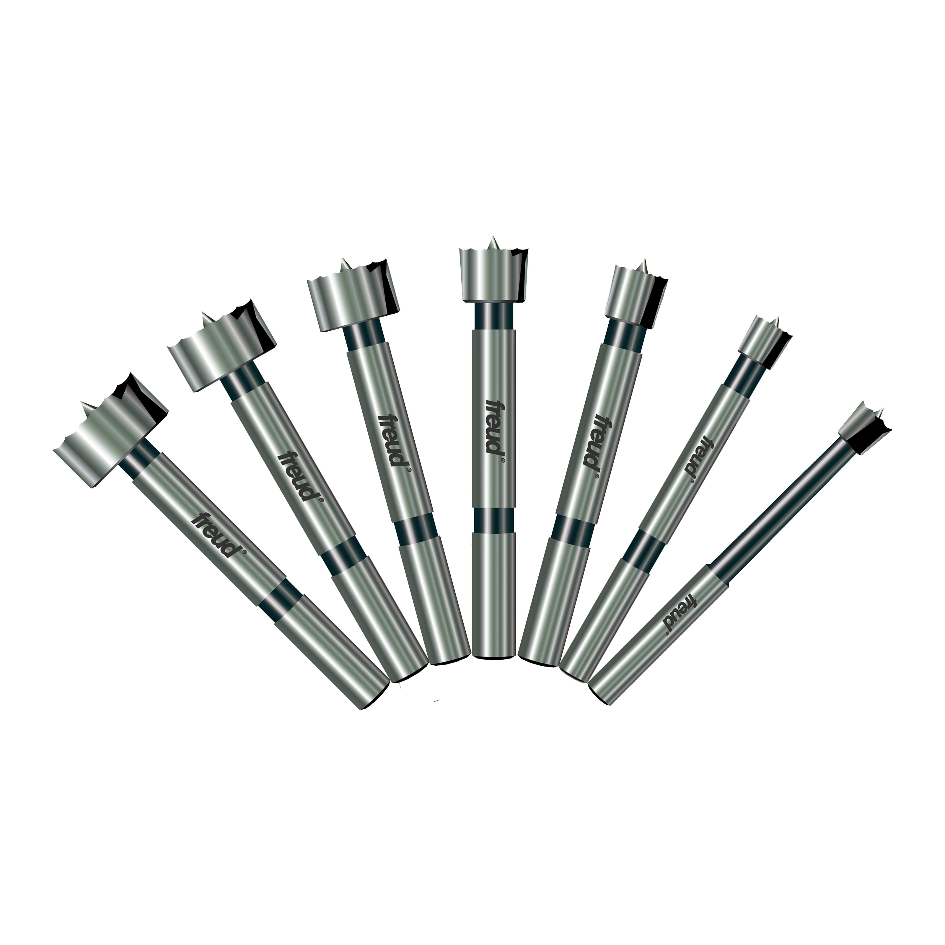 Seven Freud Forstner bits in graduated sizes with metal shanks and cutting heads arranged in a fan pattern.