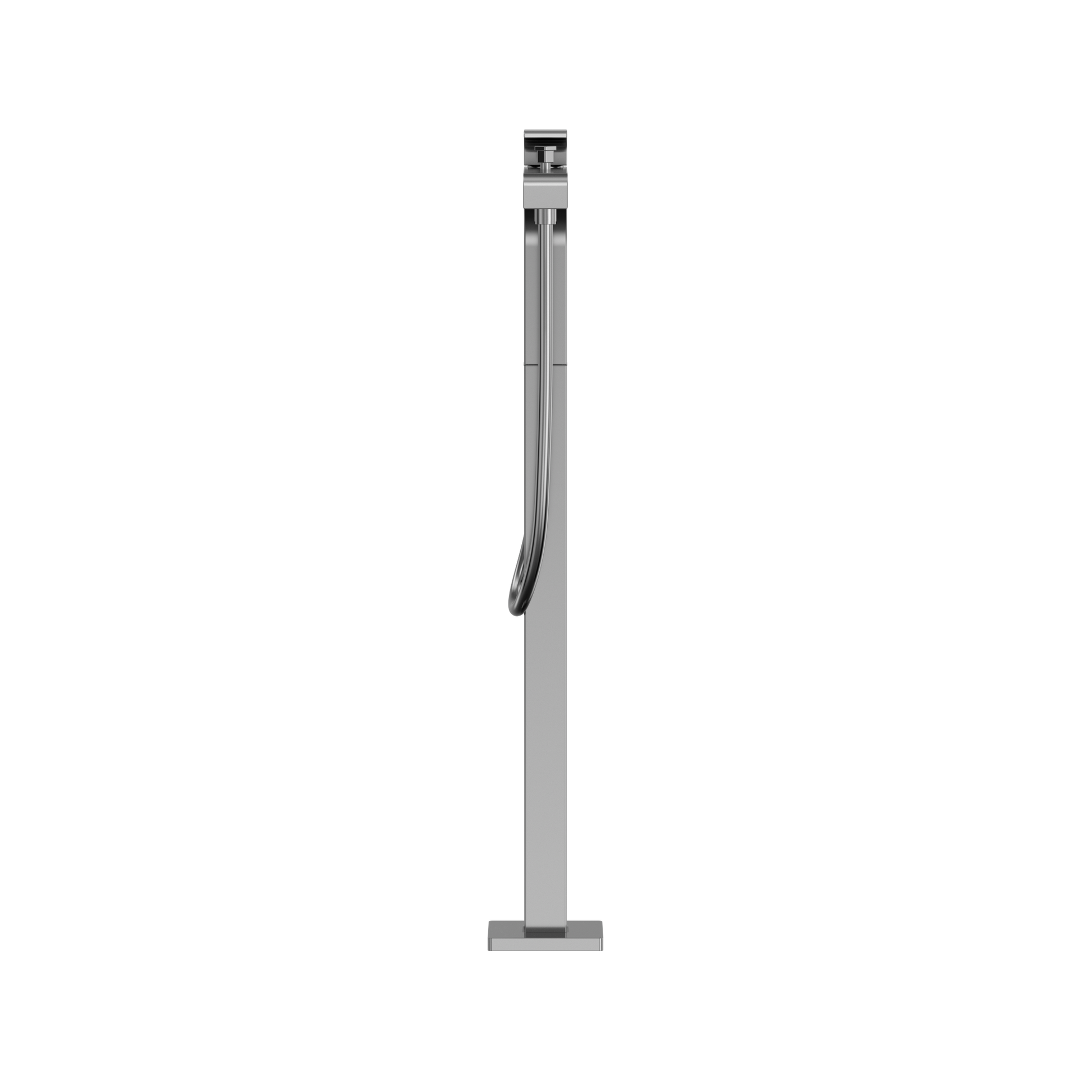 Polished chrome freestanding tub filler with single handle and attached handshower on coiled hose.