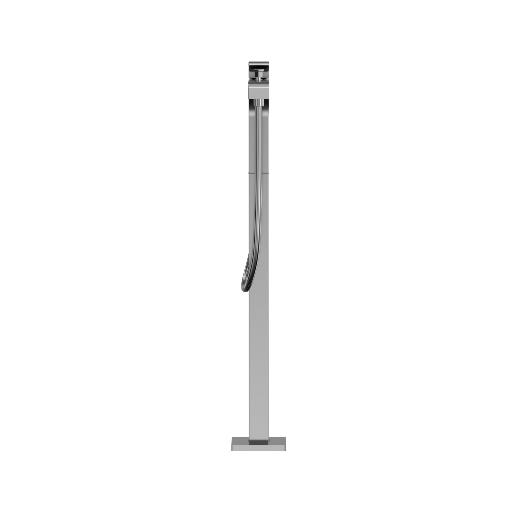 Polished chrome freestanding tub filler with single handle and attached handshower on coiled hose.
