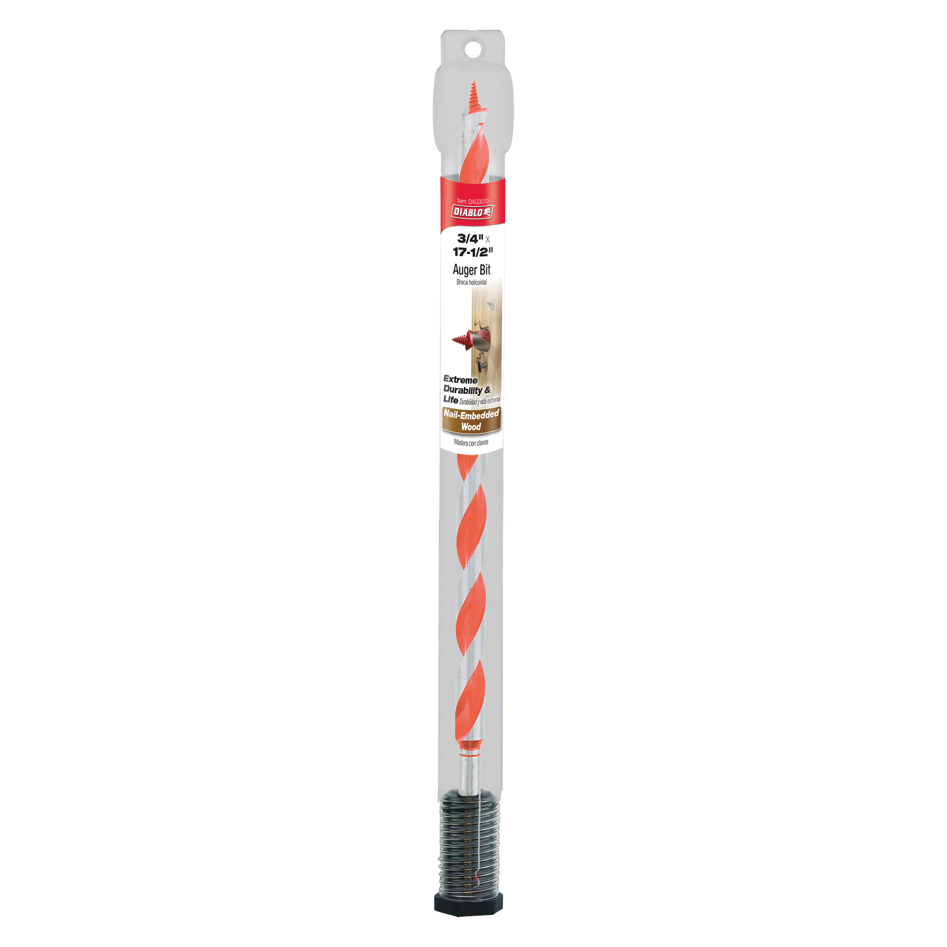 Diablo 3/4 in. x 17-1/2 in. auger bit with red and gray spiral flutes and threaded tip in clear packaging.
