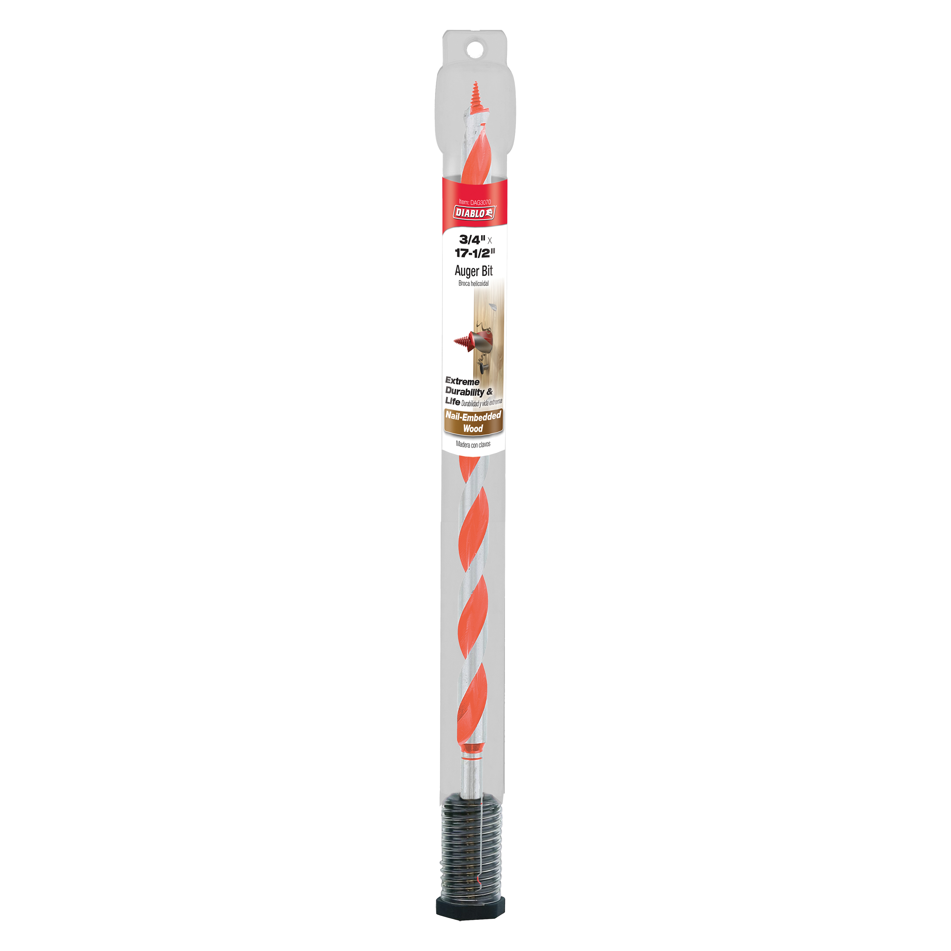 Diablo 3/4 in. x 17-1/2 in. auger bit with red and gray spiral flutes and threaded tip in clear packaging.