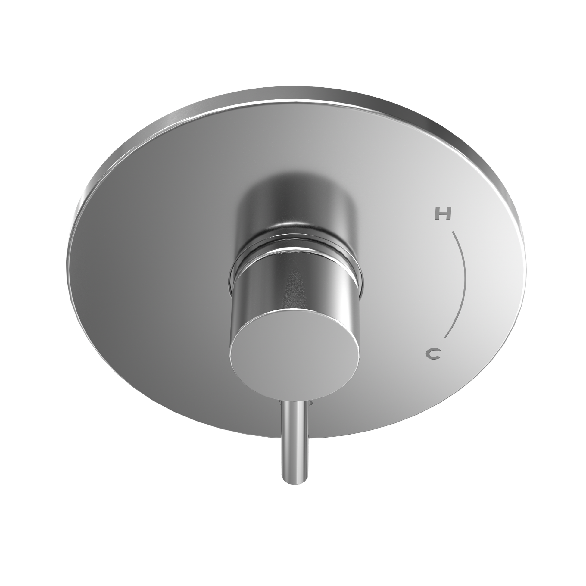 Polished chrome round shower valve trim with single lever handle and temperature markings marked H and C.