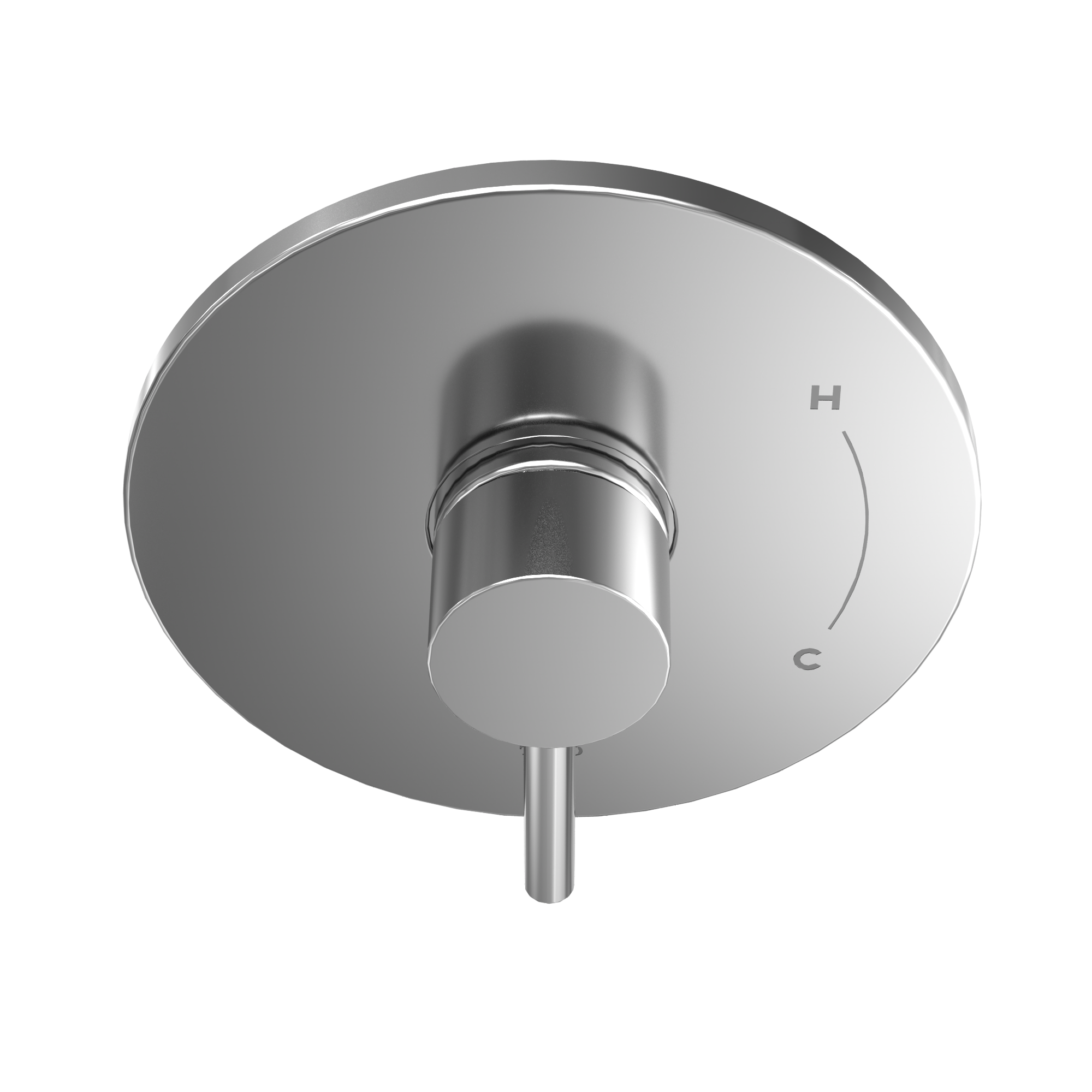 Polished chrome round shower valve trim with single lever handle and temperature markings marked H and C.