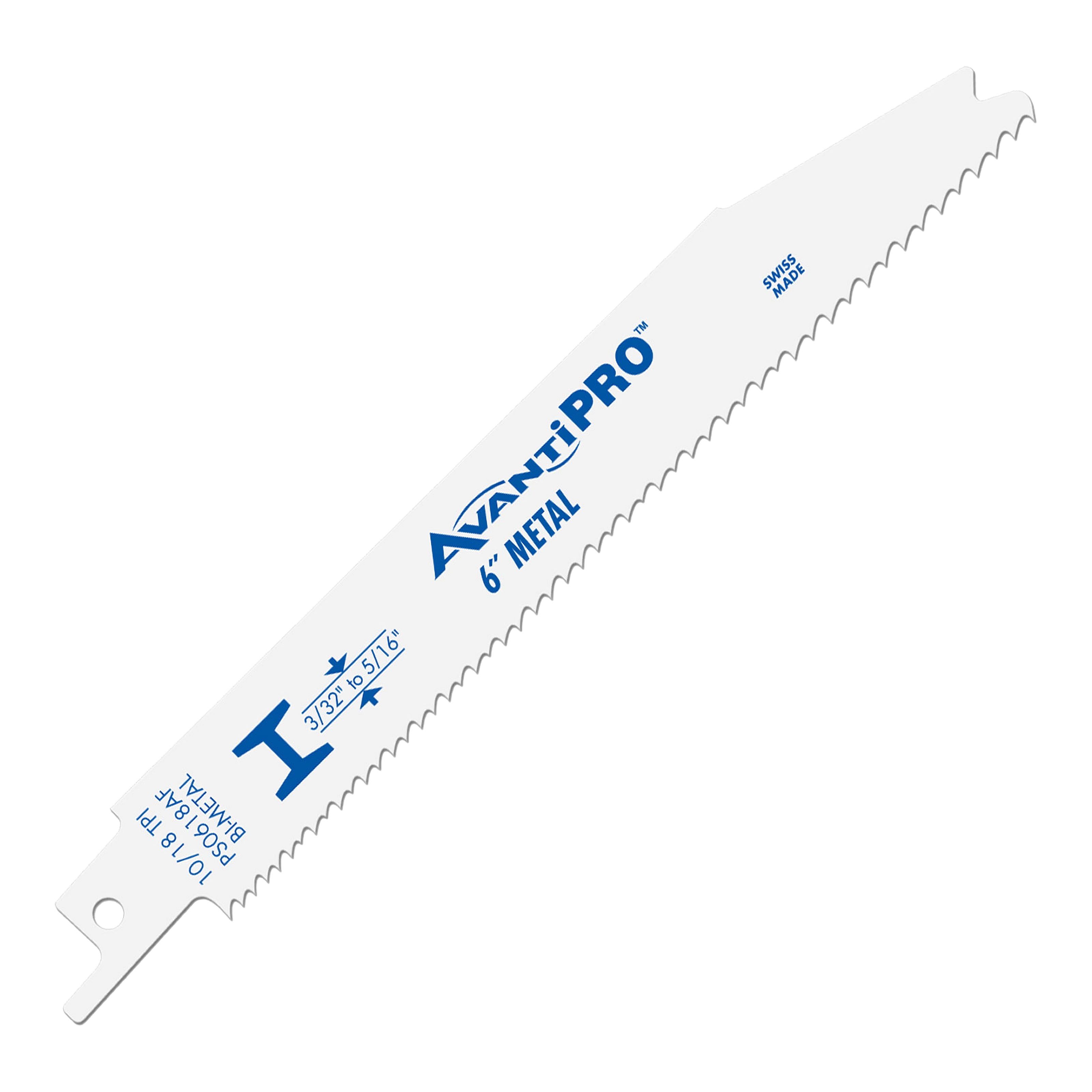 AvantiPro 6" bi-metal reciprocating saw blade with 10/18 TPI teeth and mounting tab.
