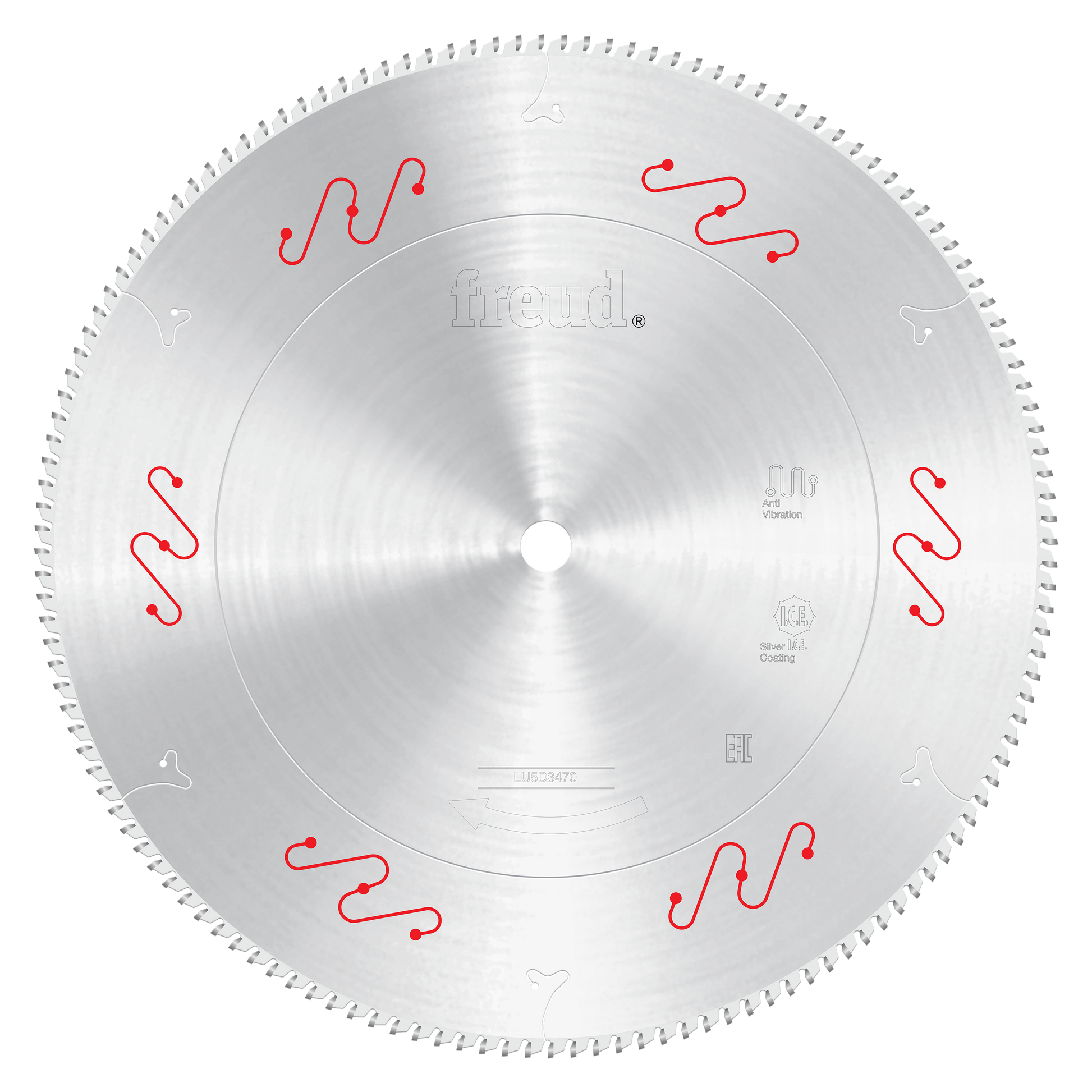 20-inch aluminum saw blade with fine teeth and red wavy markings around the perimeter.