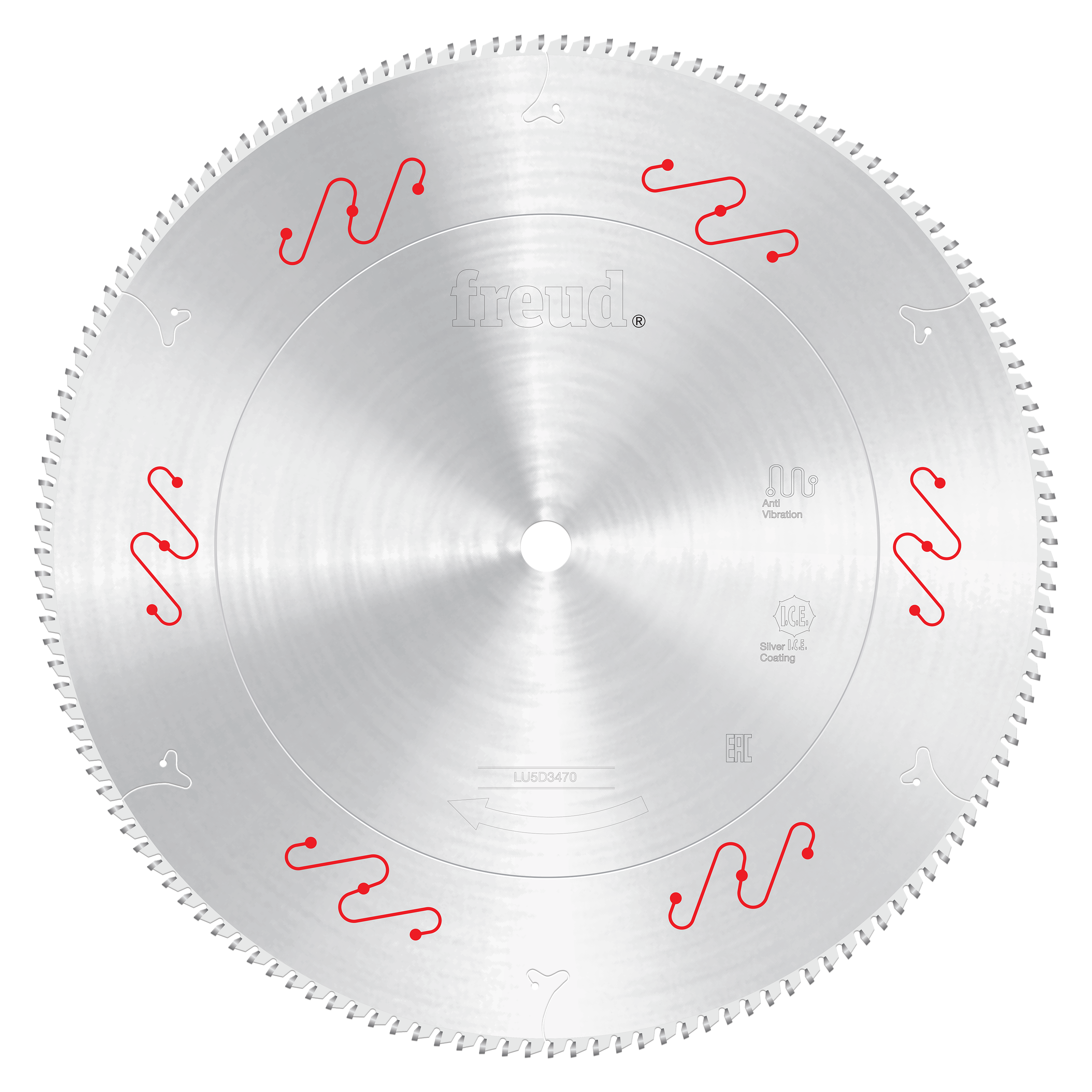 20-inch aluminum saw blade with fine teeth and red wavy markings around the perimeter.