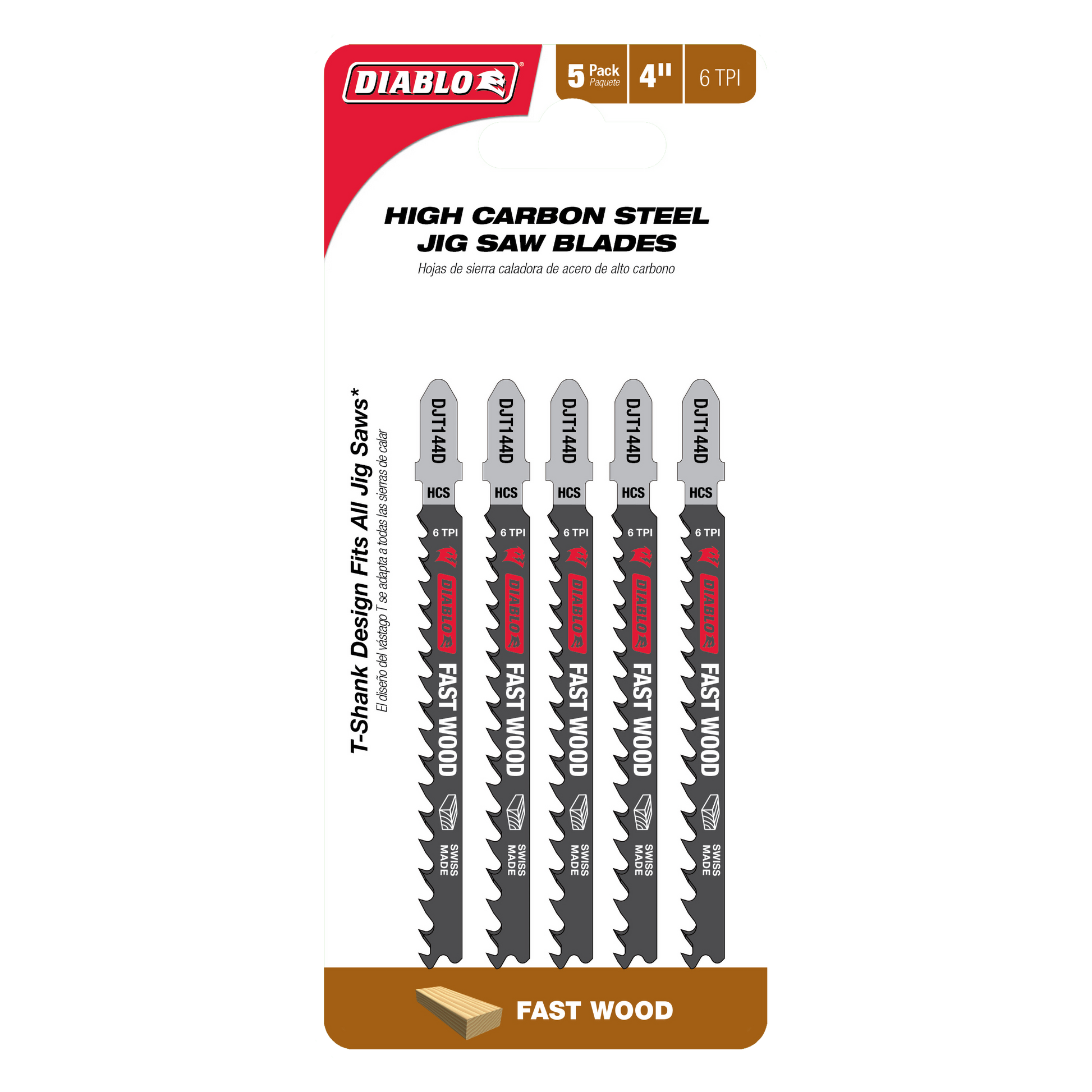 Five Diablo high carbon steel T-shank jig saw blades, 4 inches long with 6 teeth per inch, displayed on packaging.