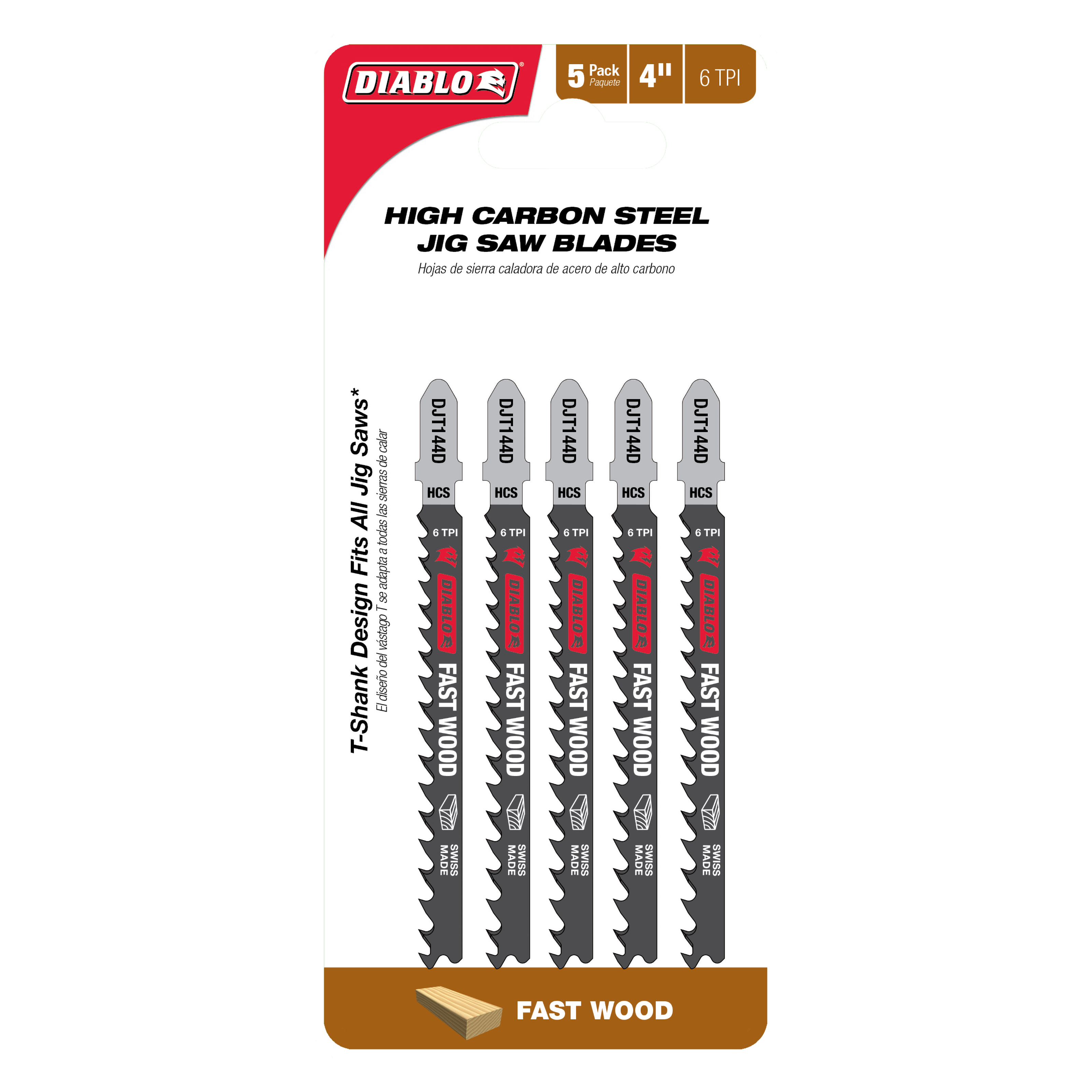 Five Diablo high carbon steel T-shank jig saw blades, 4 inches long with 6 teeth per inch, displayed on packaging.