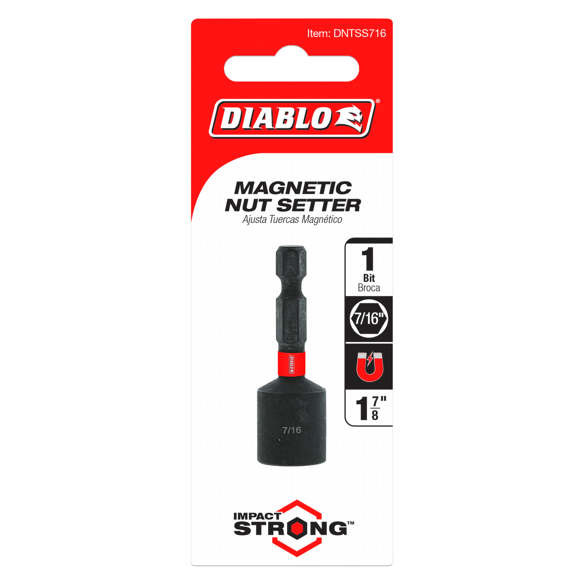 Black magnetic nut setter with red band and 7/16 inch socket on red and white product packaging.