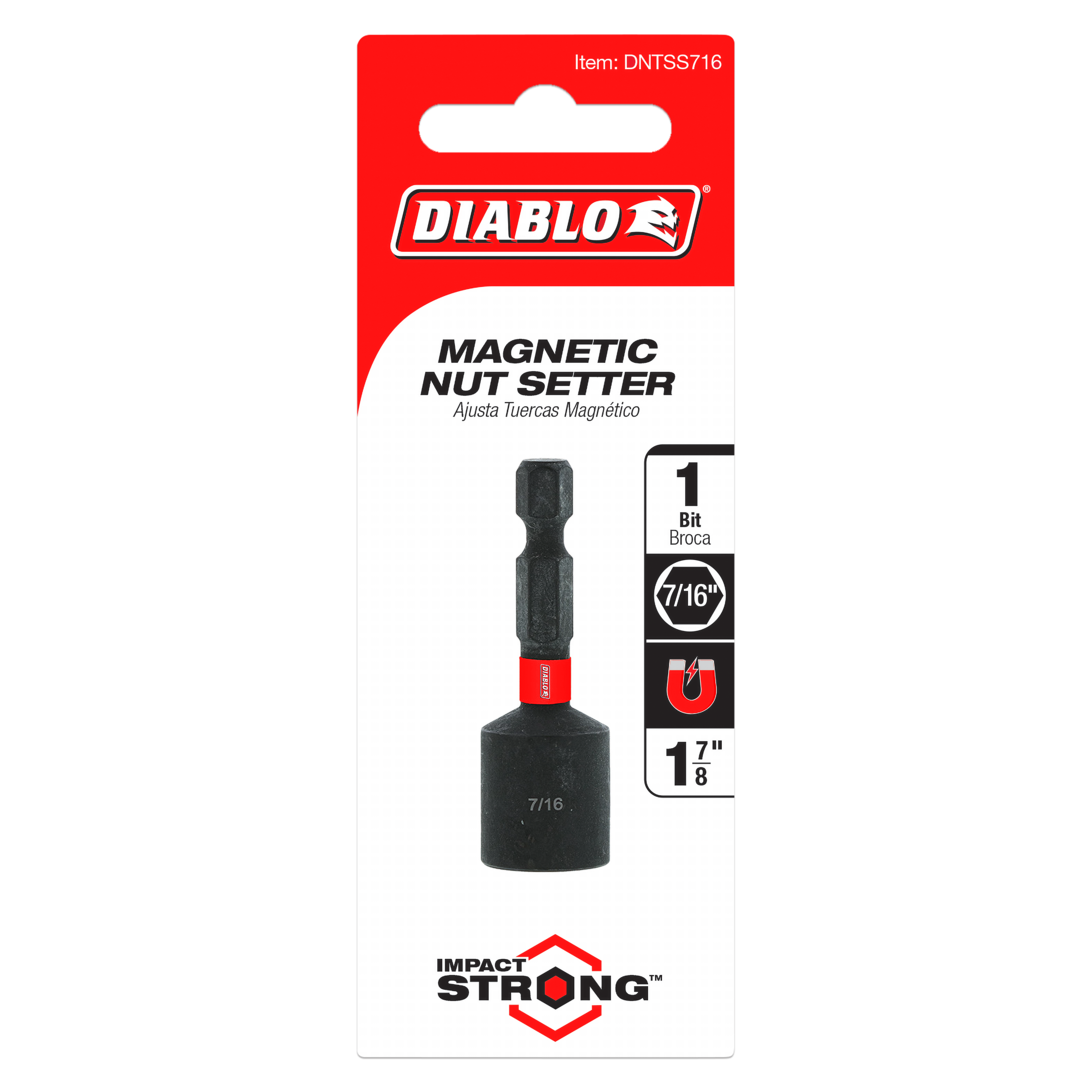 Black magnetic nut setter with red band and 7/16 inch socket on red and white product packaging.