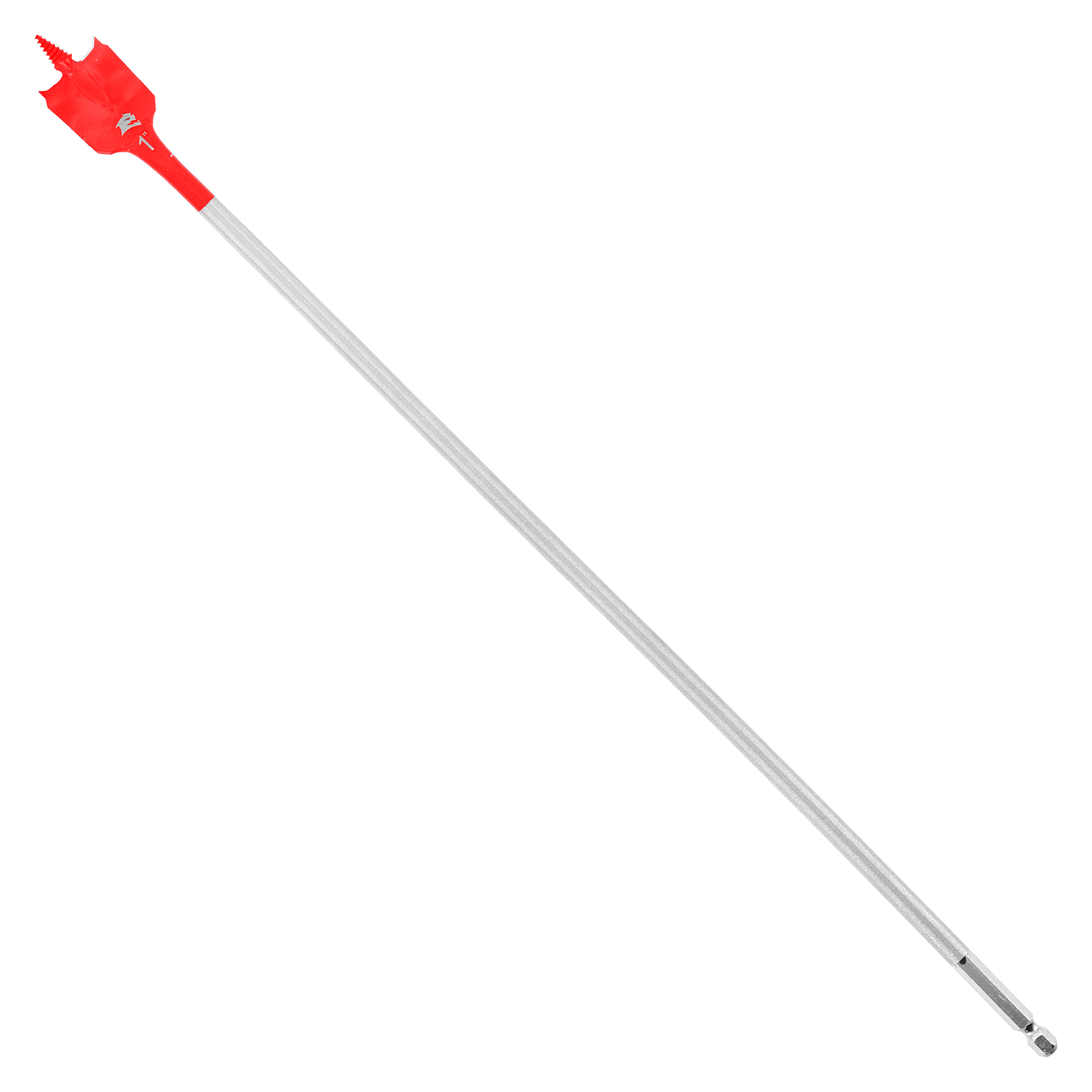 Red spade bit with gray shaft and flat chisel-style cutting head.