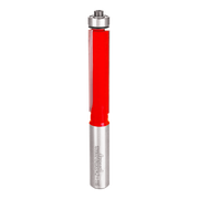 Silver router bit with red plastic trim section and ball bearing guide at top.