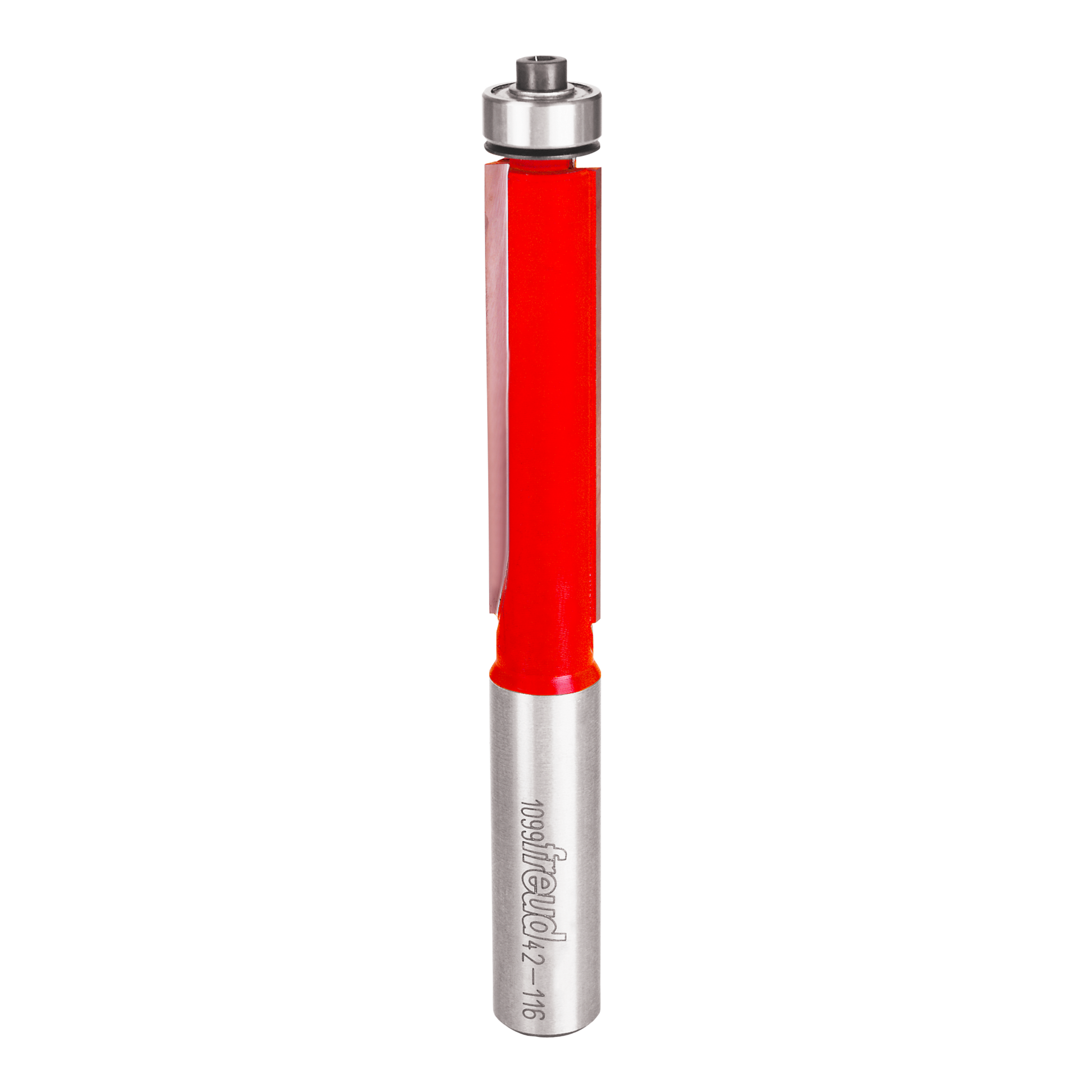 Silver router bit with red plastic trim section and ball bearing guide at top.