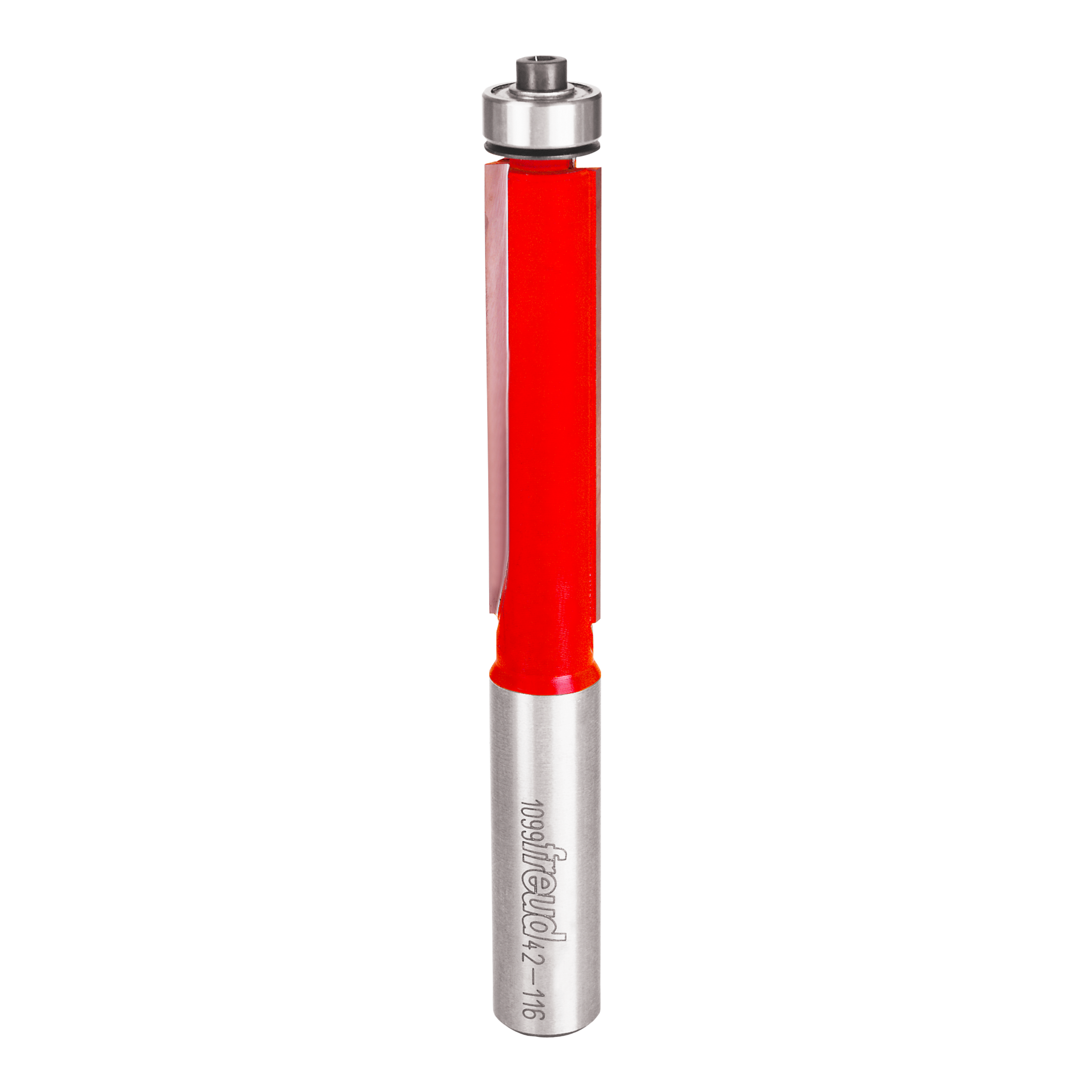 Silver router bit with red plastic trim section and ball bearing guide at top.