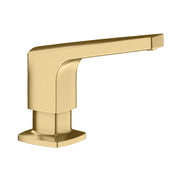 Satin gold soap dispenser with angular geometric design and square base.