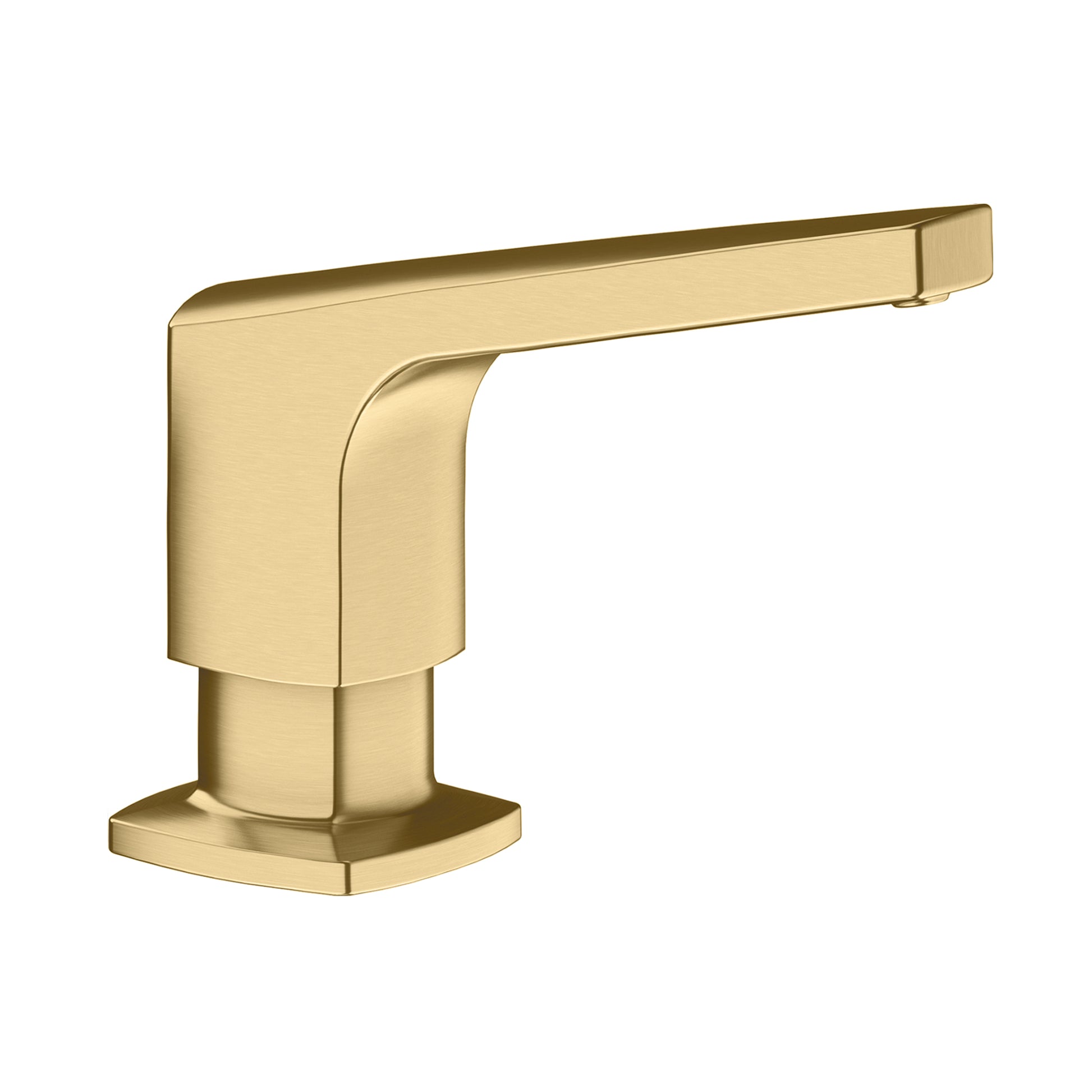 Satin gold soap dispenser with angular geometric design and square base.