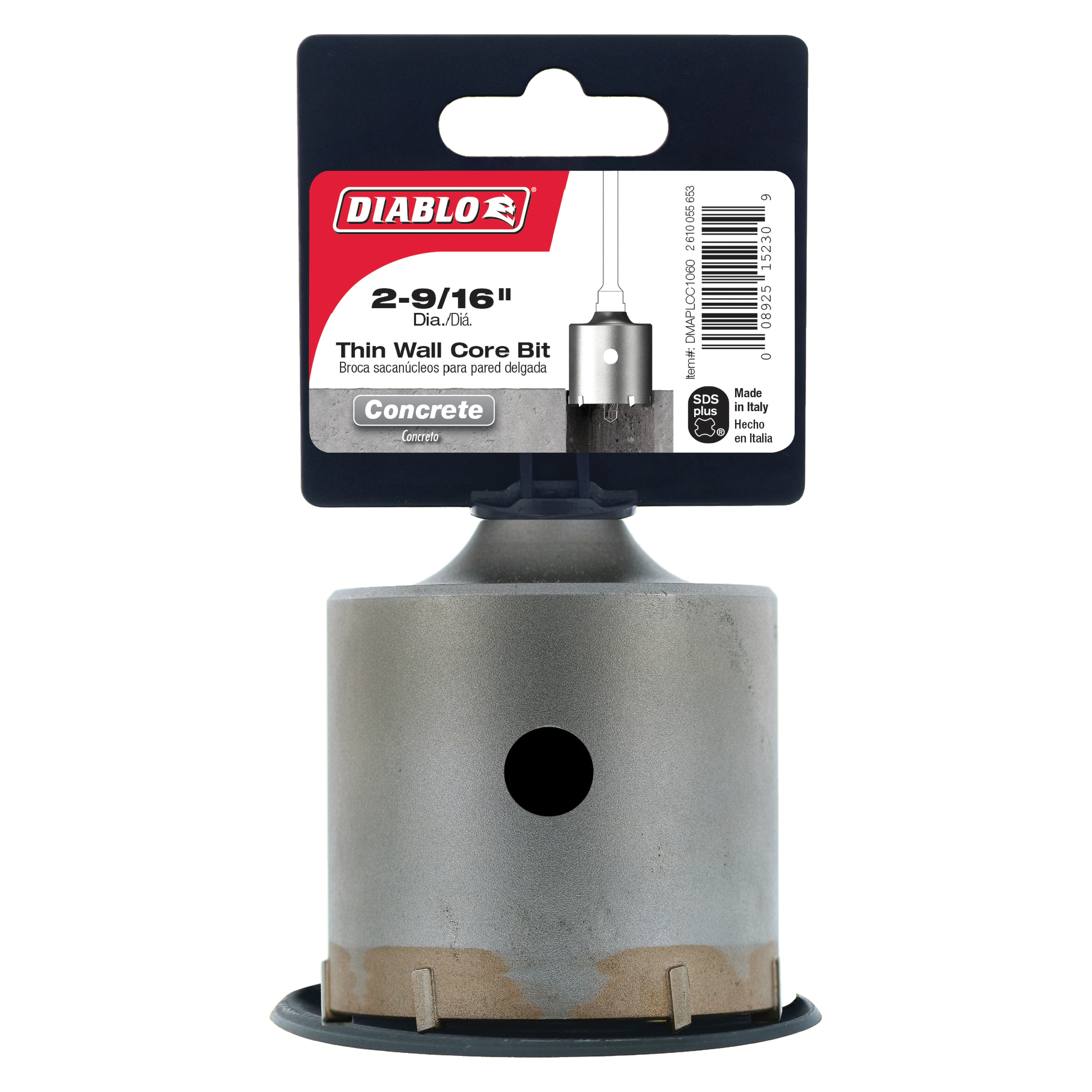 Diablo 2-9/16 inch SDS-Plus thin wall carbide tipped core bit for concrete with packaging card displayed above.