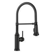 Matte black semi-pro kitchen faucet with high arched spout, pull-down spray head, and single lever handle.