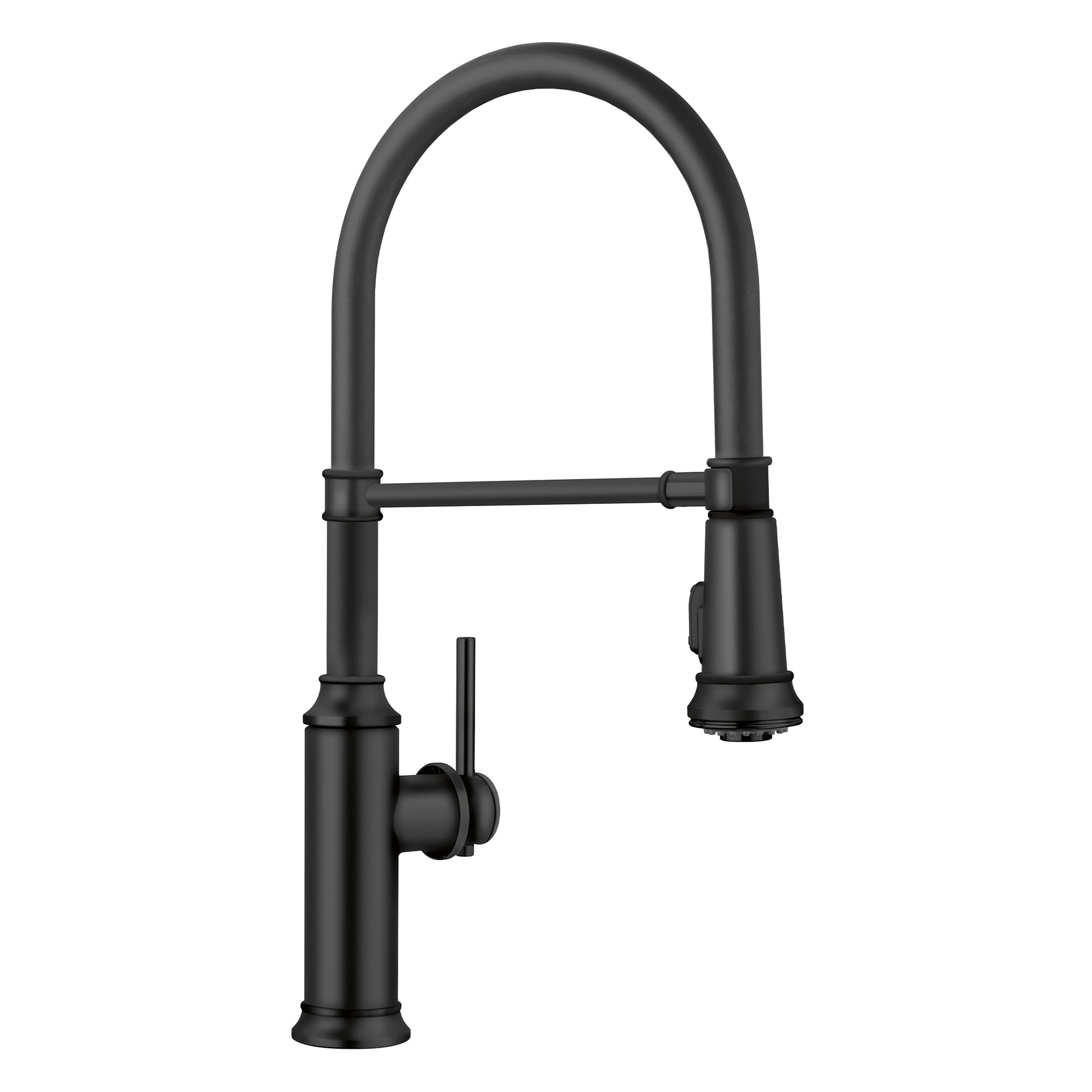 Matte black semi-pro kitchen faucet with high arched spout, pull-down spray head, and single lever handle.