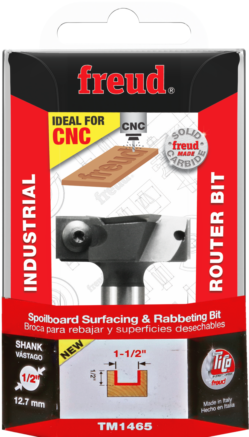 Freud TM1465 router bit with 1/2" shank shown on packaging with wood sample and bit diagram.