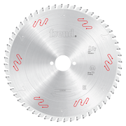 Circular saw blade with silver coating, fine teeth around perimeter, central arbor hole, Freud branding, and red vibration re