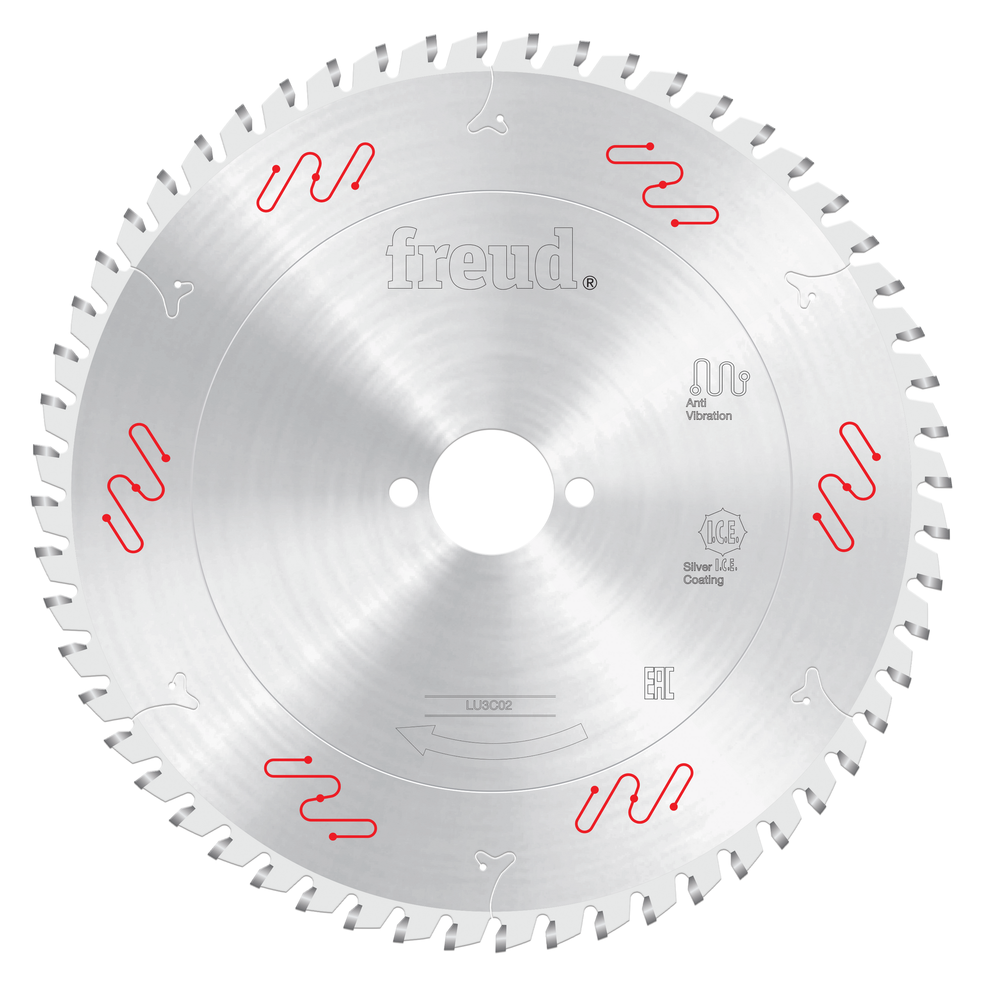 Circular saw blade with silver coating, fine teeth around perimeter, central arbor hole, Freud branding, and red vibration re