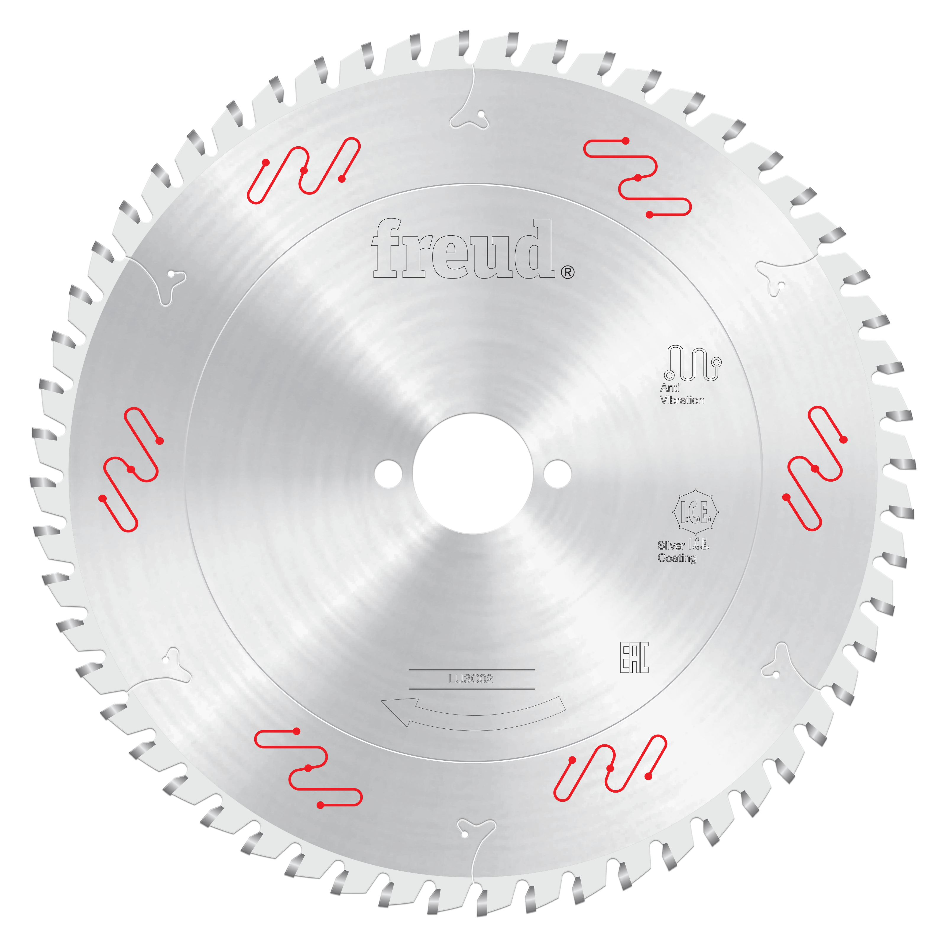 Circular saw blade with silver coating, fine teeth around perimeter, central arbor hole, Freud branding, and red vibration re