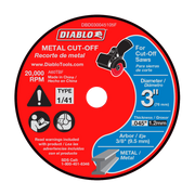 Diablo brand metal cut-off disc, 3 inches diameter with thin kerf thickness, for cut-off saws.