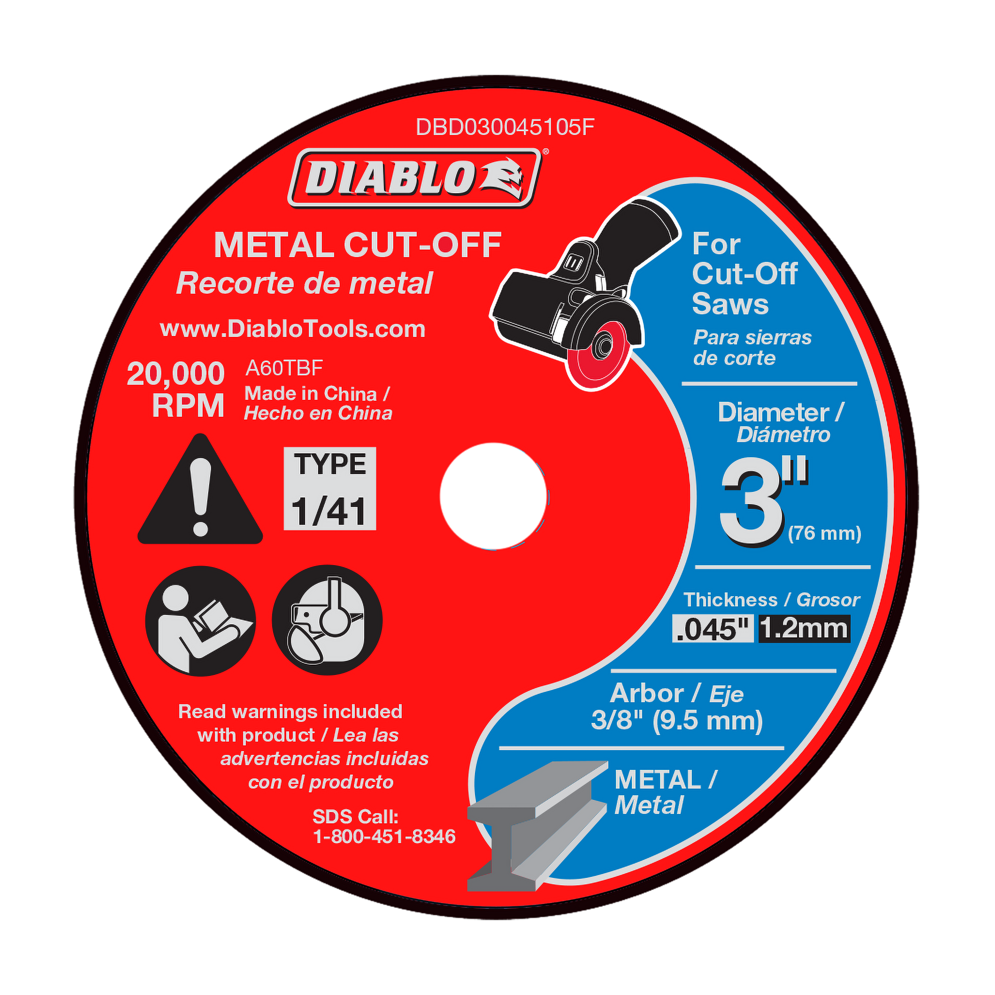 Diablo brand metal cut-off disc, 3 inches diameter with thin kerf thickness, for cut-off saws.