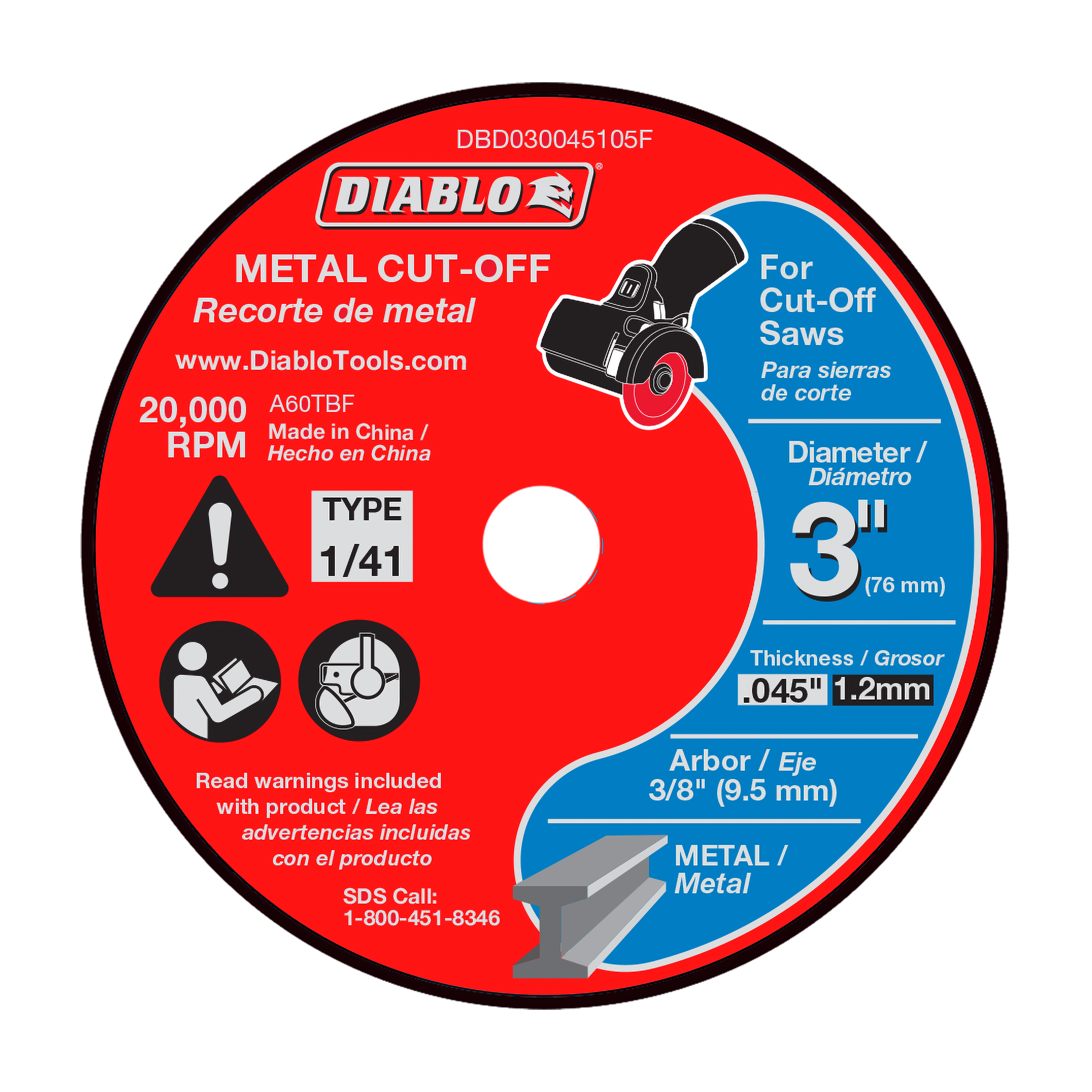 Diablo brand metal cut-off disc, 3 inches diameter with thin kerf thickness, for cut-off saws.