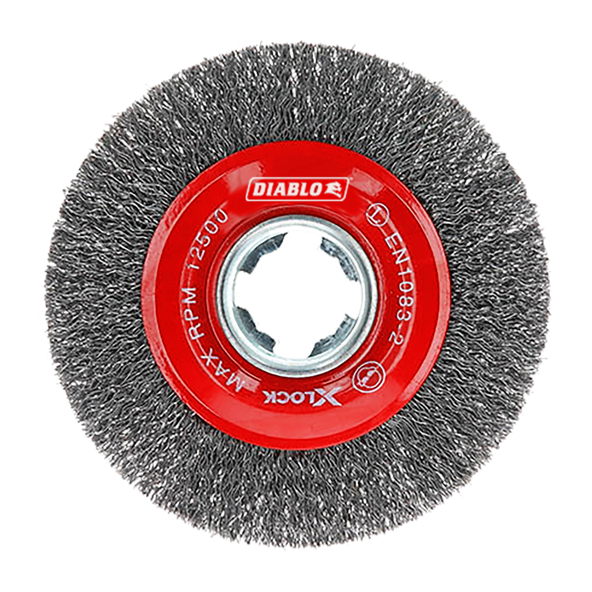 4-inch circular wire wheel with crimped steel bristles and red center hub labeled Diablo X-LOCK.