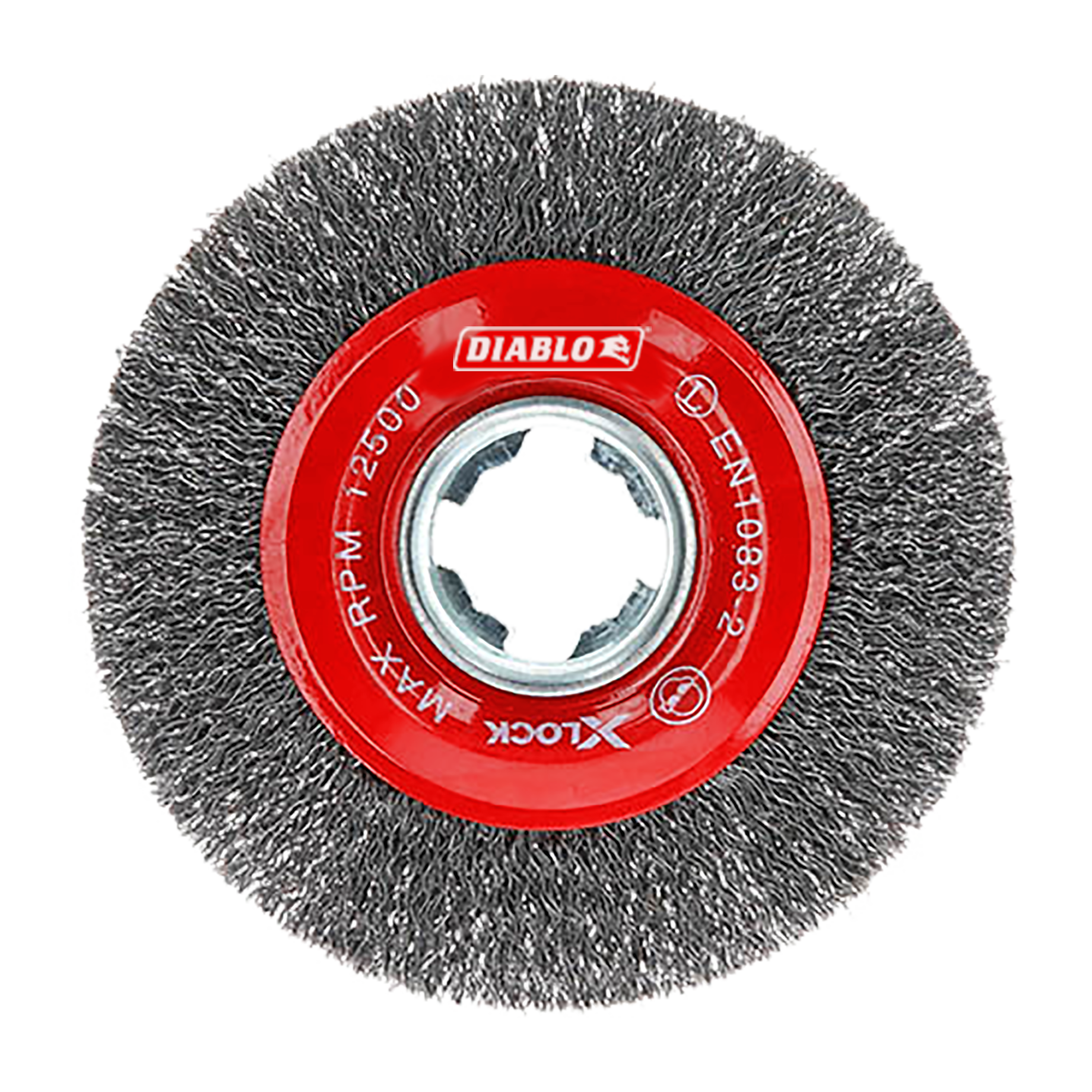 4-inch circular wire wheel with crimped steel bristles and red center hub labeled Diablo X-LOCK.
