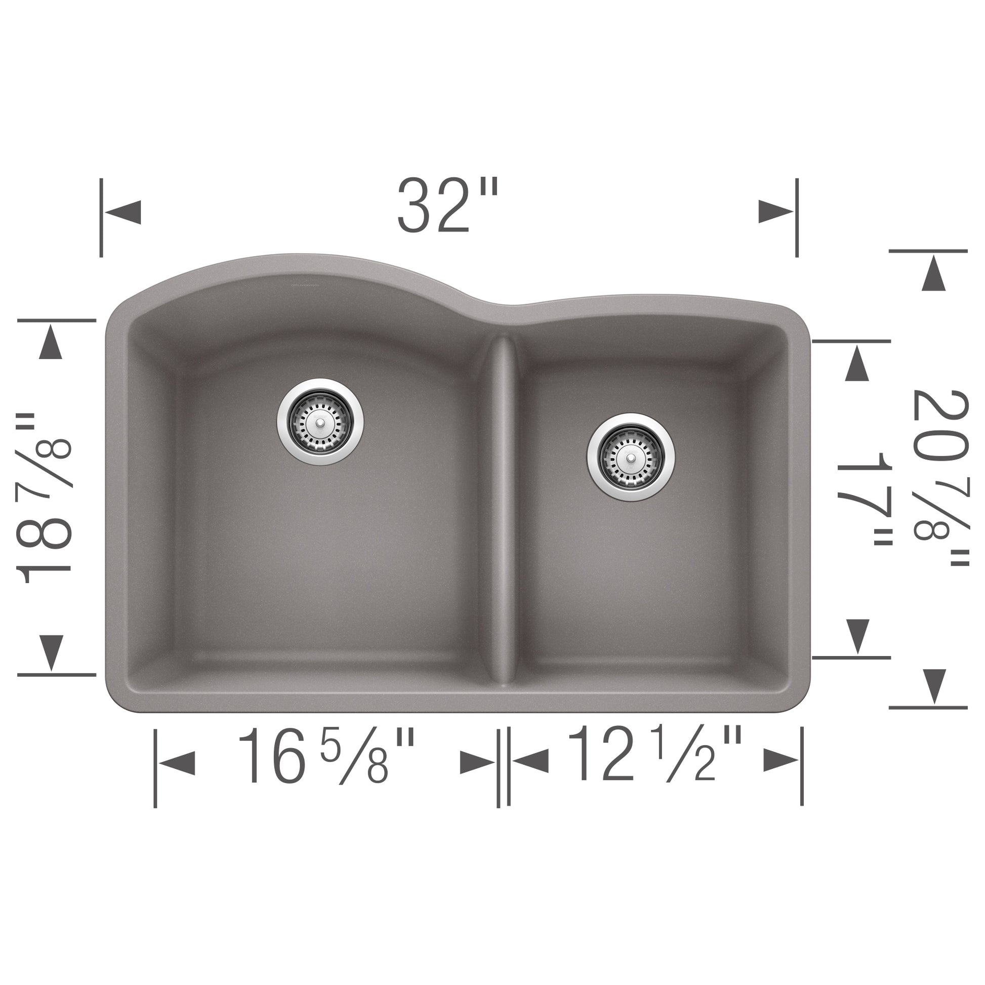 Metallic gray undermount kitchen sink with two unequal bowls and drain strainers, 32 inches wide.