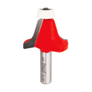 Red and gray router bit with ogee bowl profile cutting head and white bearing collar on silver shank.