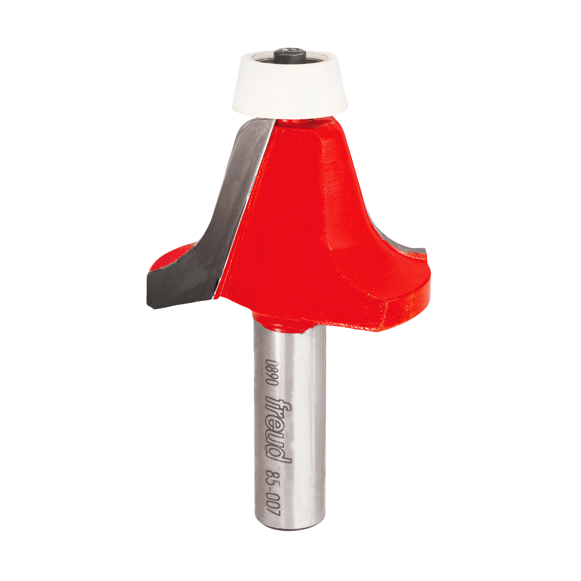 Red and gray router bit with ogee bowl profile cutting head and white bearing collar on silver shank.
