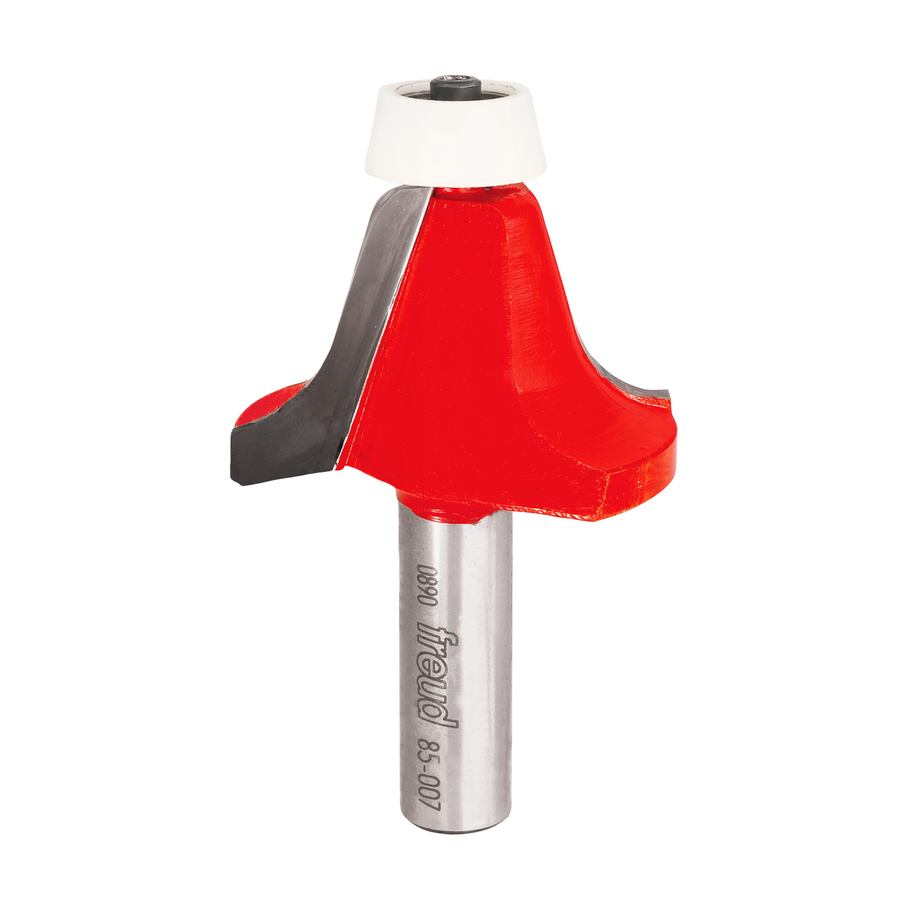 Red and gray router bit with ogee bowl profile cutting head and white bearing collar on silver shank.